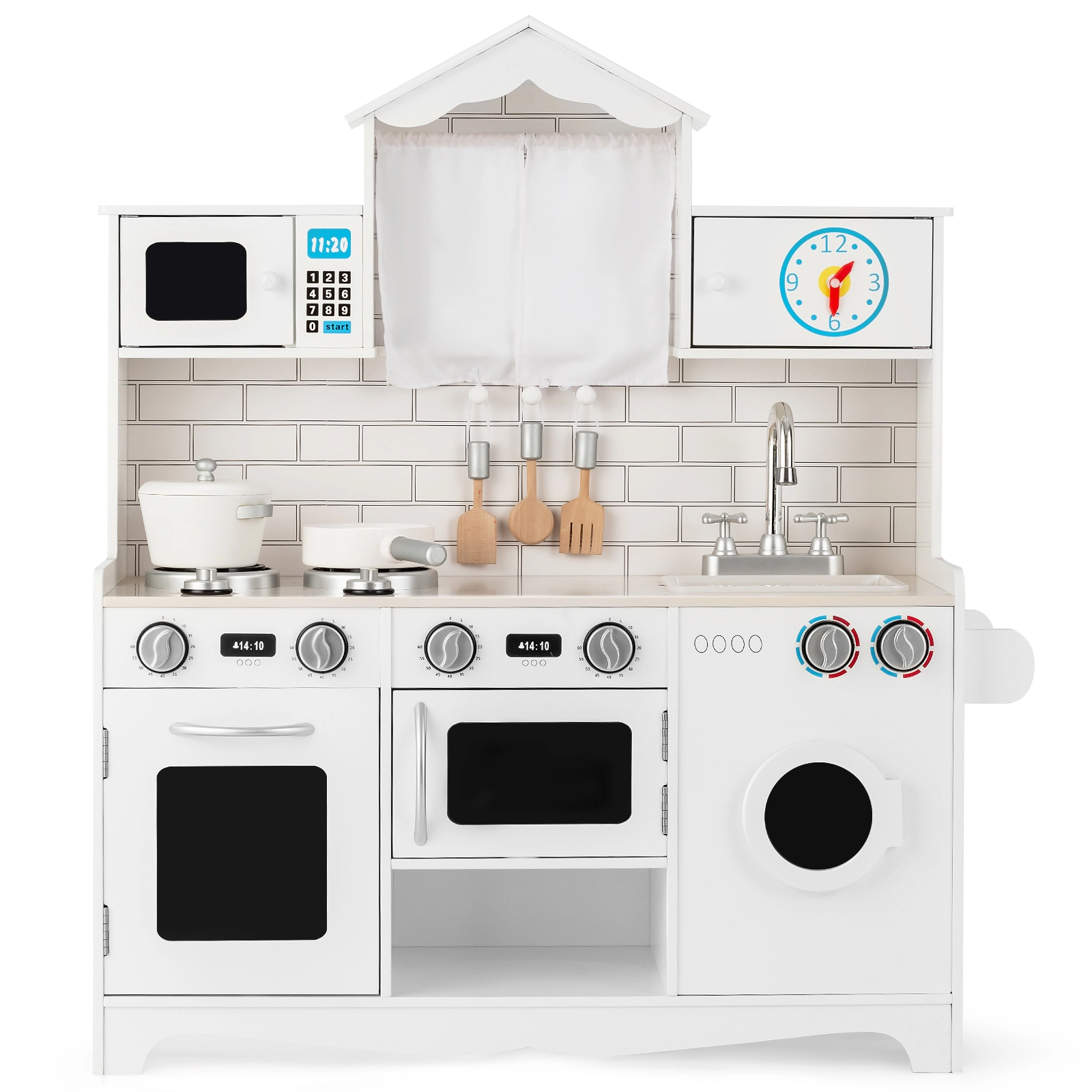 SUGIFT Wooden Kids Kitchen Playset Washing Machine Microwave Oven Sink & Gas Stoves 36.5-in Tall Ages 3 Years+ White