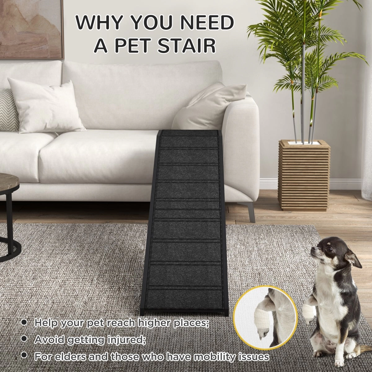 212 Main Paw Hut Dog Ramp with Non-Slip Carpet & Top Platform, 74 x 16 x 25 in. - Black