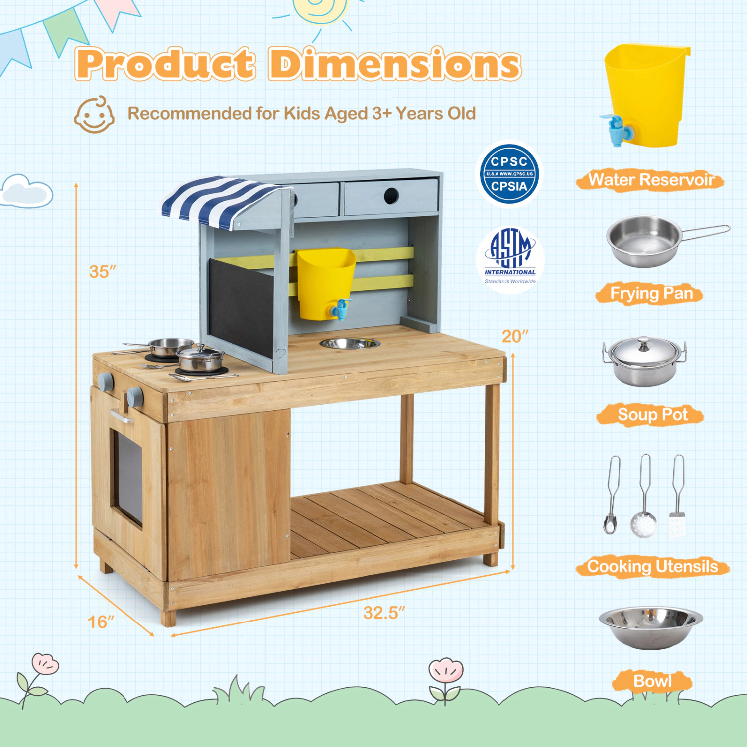 LJG Fir Wood Kids Kitchen Playset with Canopy and Faucet