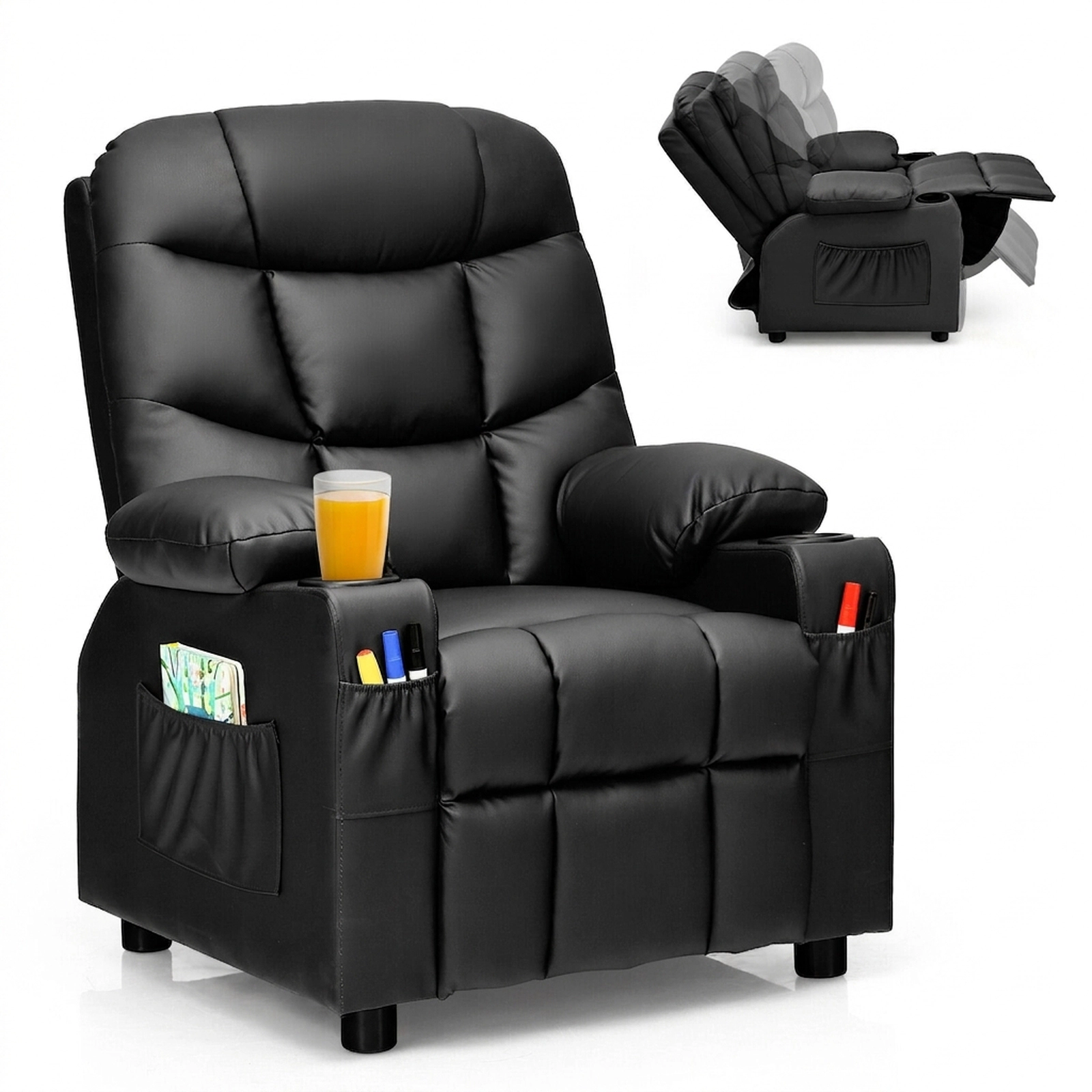 SUGIFT Adjustable Kids Recliner Chair with Cup Holders and Footrest 120-lb Capacity Ages 3+ 26-in Wide Black PU Leather