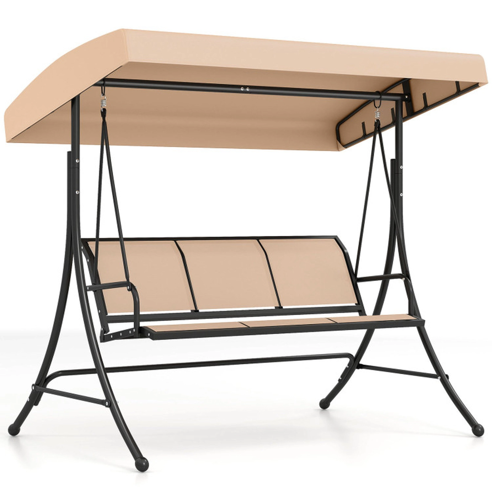 SUGIFT 3-Seat Patio Swing Chair with Adjustable Canopy 800-lb Capacity 75-in Frame 57 x 18 x 21 in Seat Beige and Black