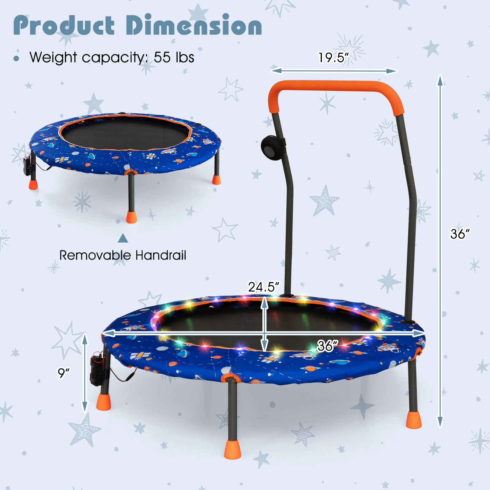 SUGIFT Blue Colorful LED Lights and Bluetooth Speaker 36 Inch Kids Mini Trampoline