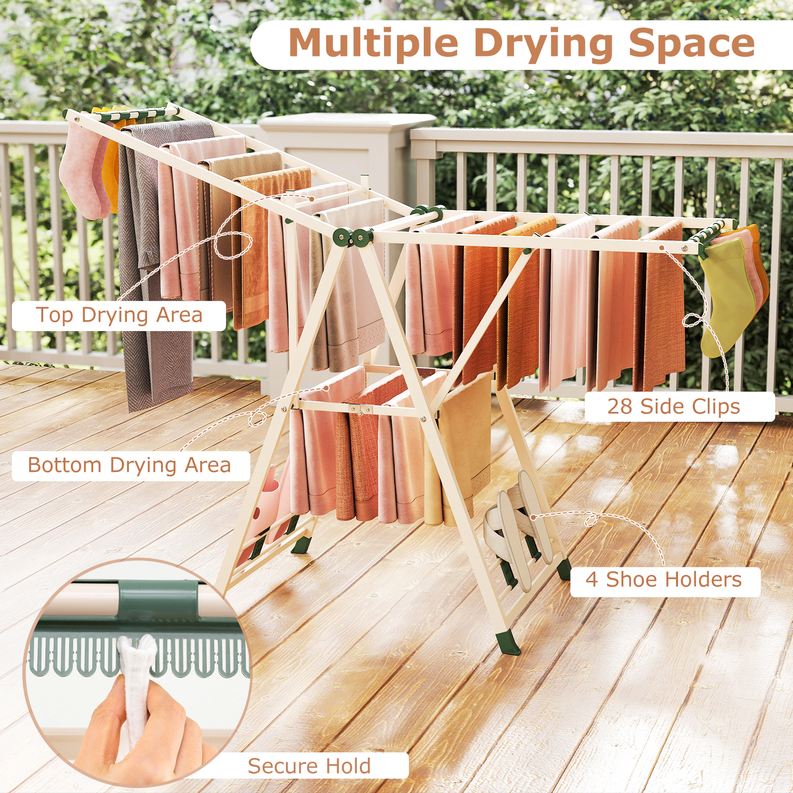 SUGIFT 64-in 90-lb Capacity Clothes Drying Rack with Adjustable Wings 28 Sock Clips and 4 Shoe Holders