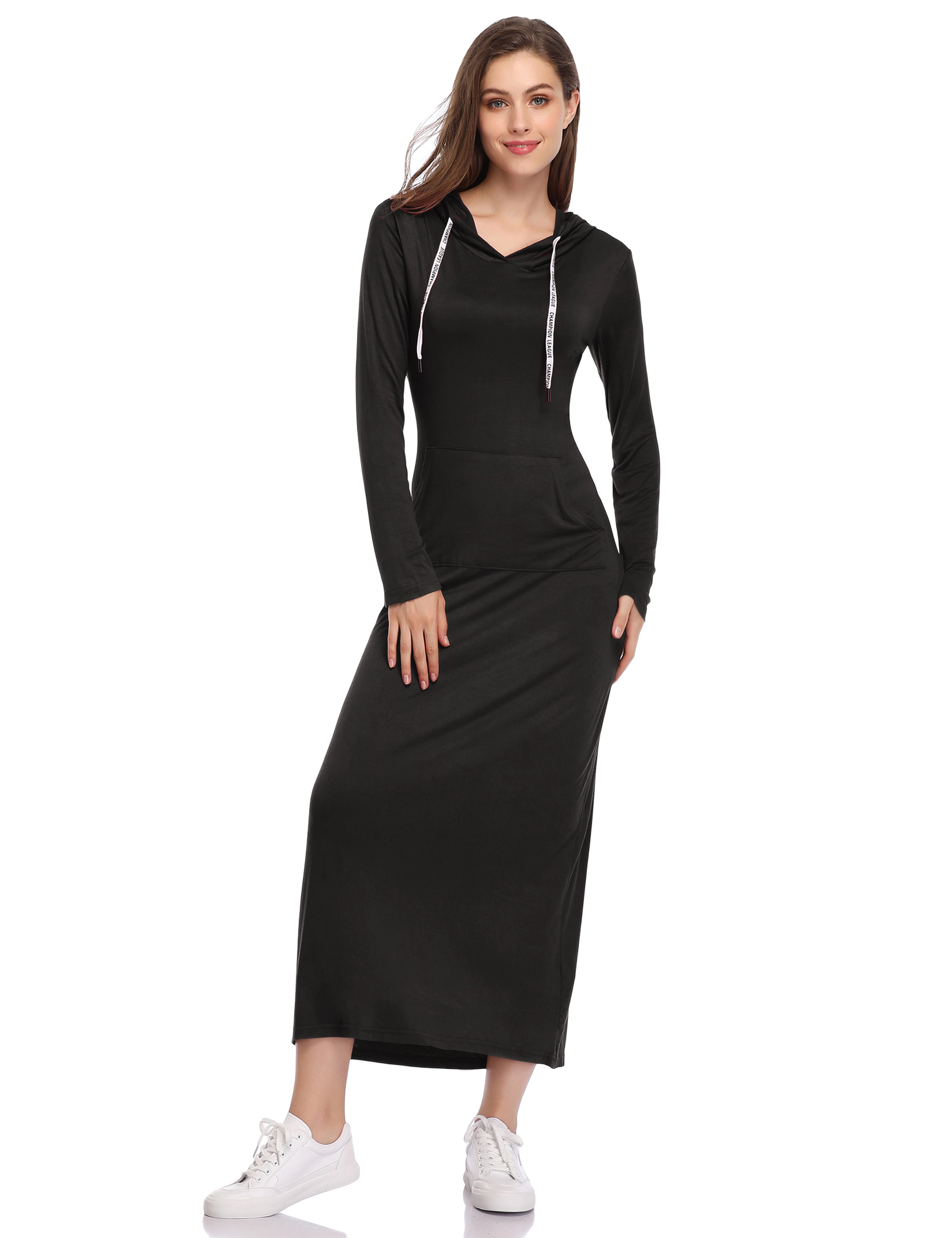 KOJOOIN Women's Casual Long Sleeve Pullover Maxi Hoodie Dress Slim Sweatshirt Dresses with Pockets
