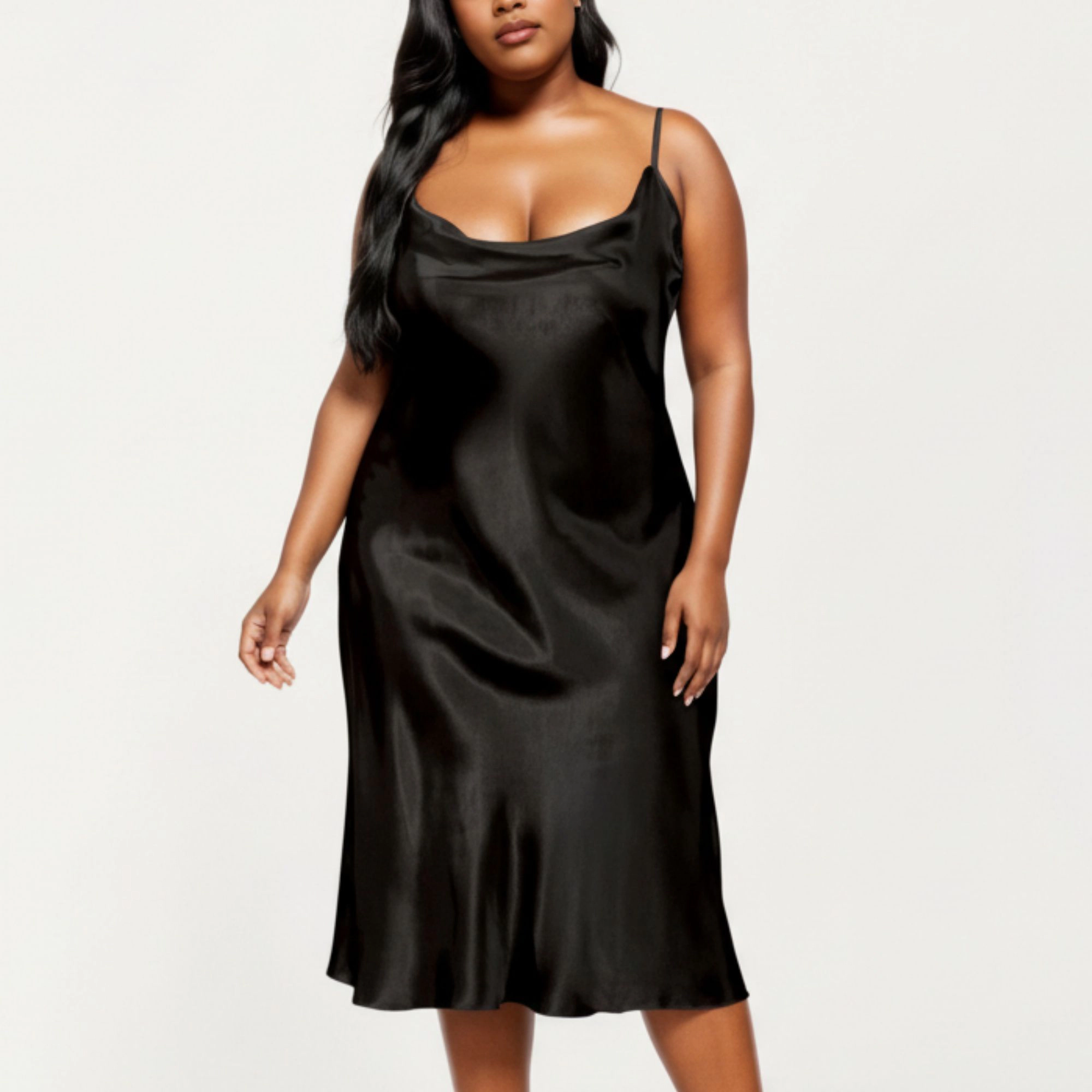 Anna-Kaci Women's Plus Satin Midi Slip Dress with Draped Neckline and Smooth Glossy Fabric