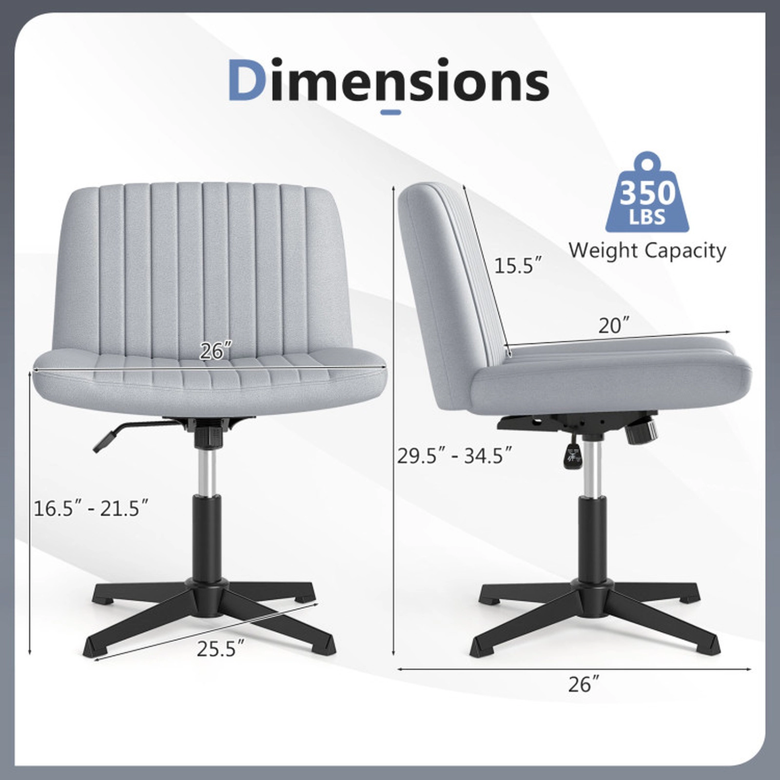 SUGIFT Extra Wide Cross-Legged Swivel Desk Chair with Rocking Tension Control 350-lb Capacity Gray and Black