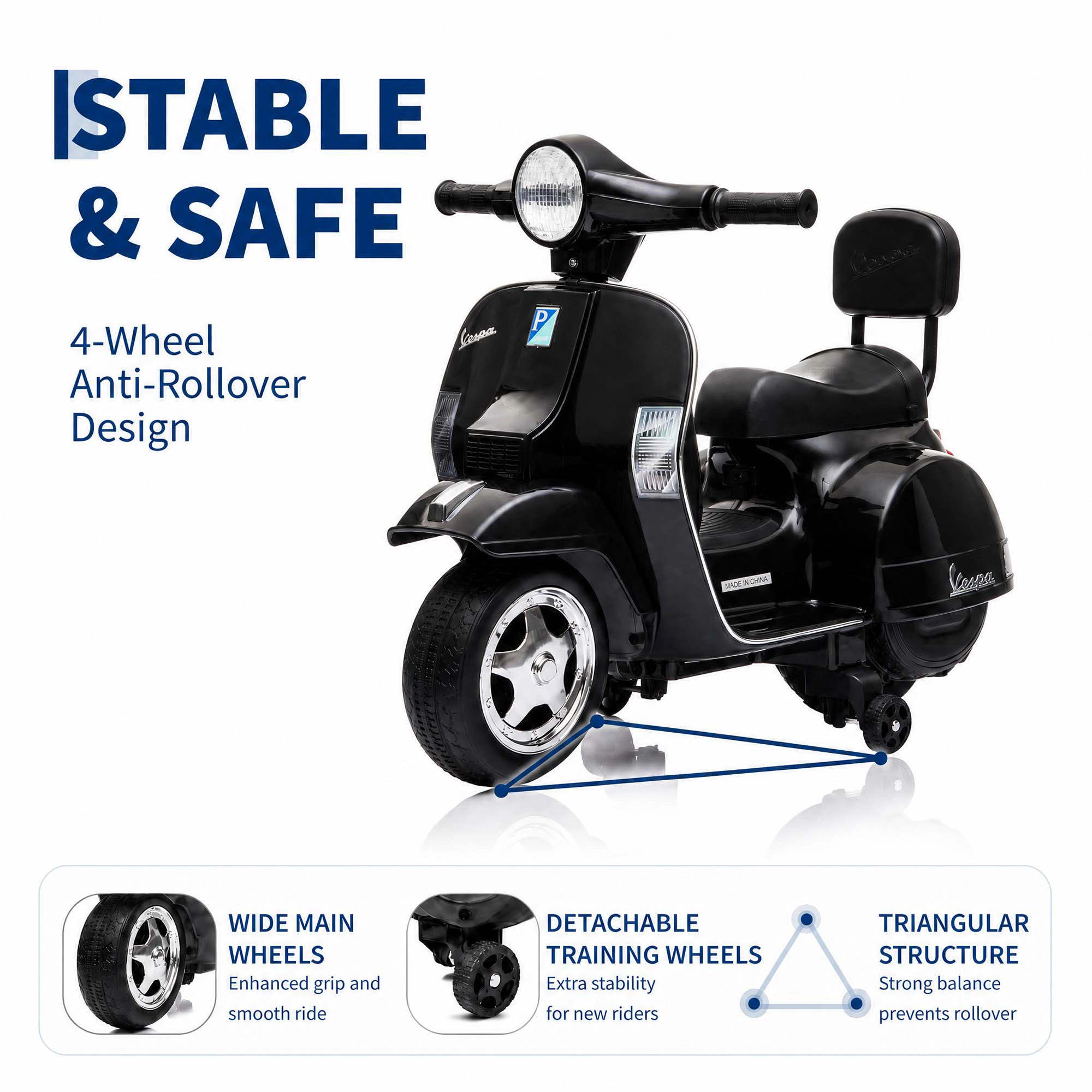Licensed Vespa PX150 Kids Ride On Motorcycle, 6V Electric Scooter with Training Wheels & Headlight