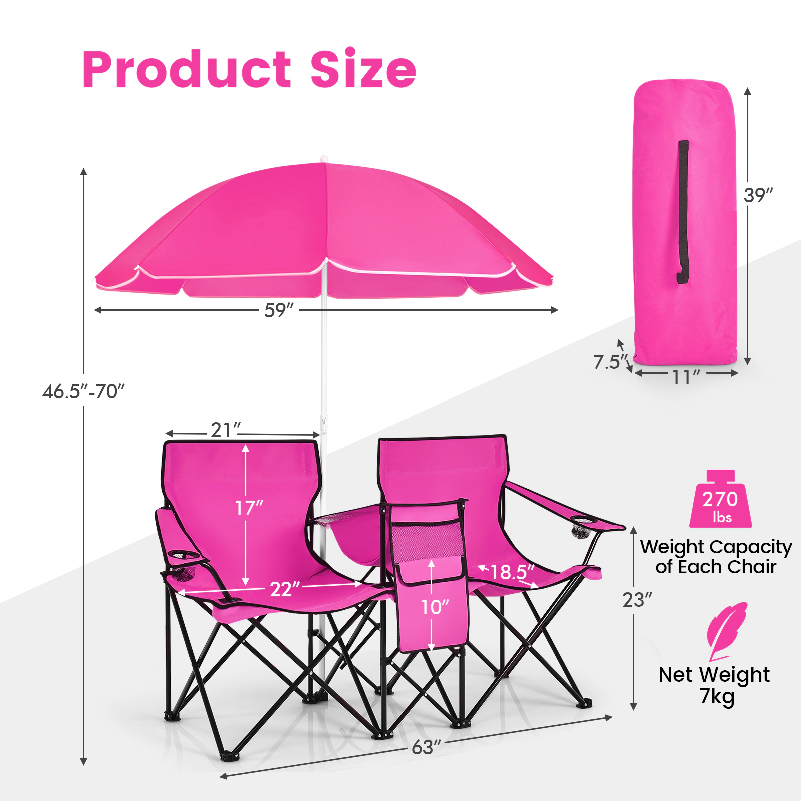 SUGIFT Portable Folding Picnic Double Chair with Umbrella and Cooler Bag 270-lb Capacity per Seat 600-lb Total Pink