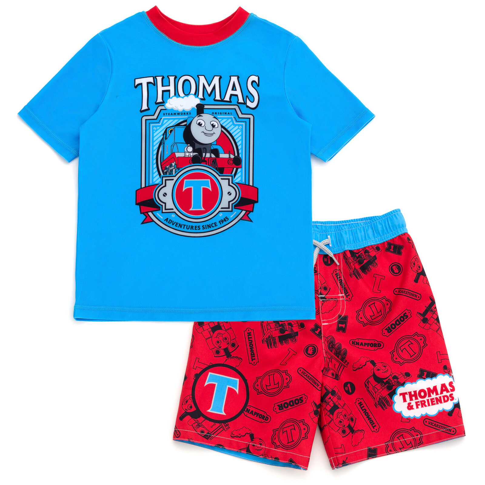 Thomas & Friends Boys' Swimwear 2-Piece Rash Guard and Swim Trunks Set