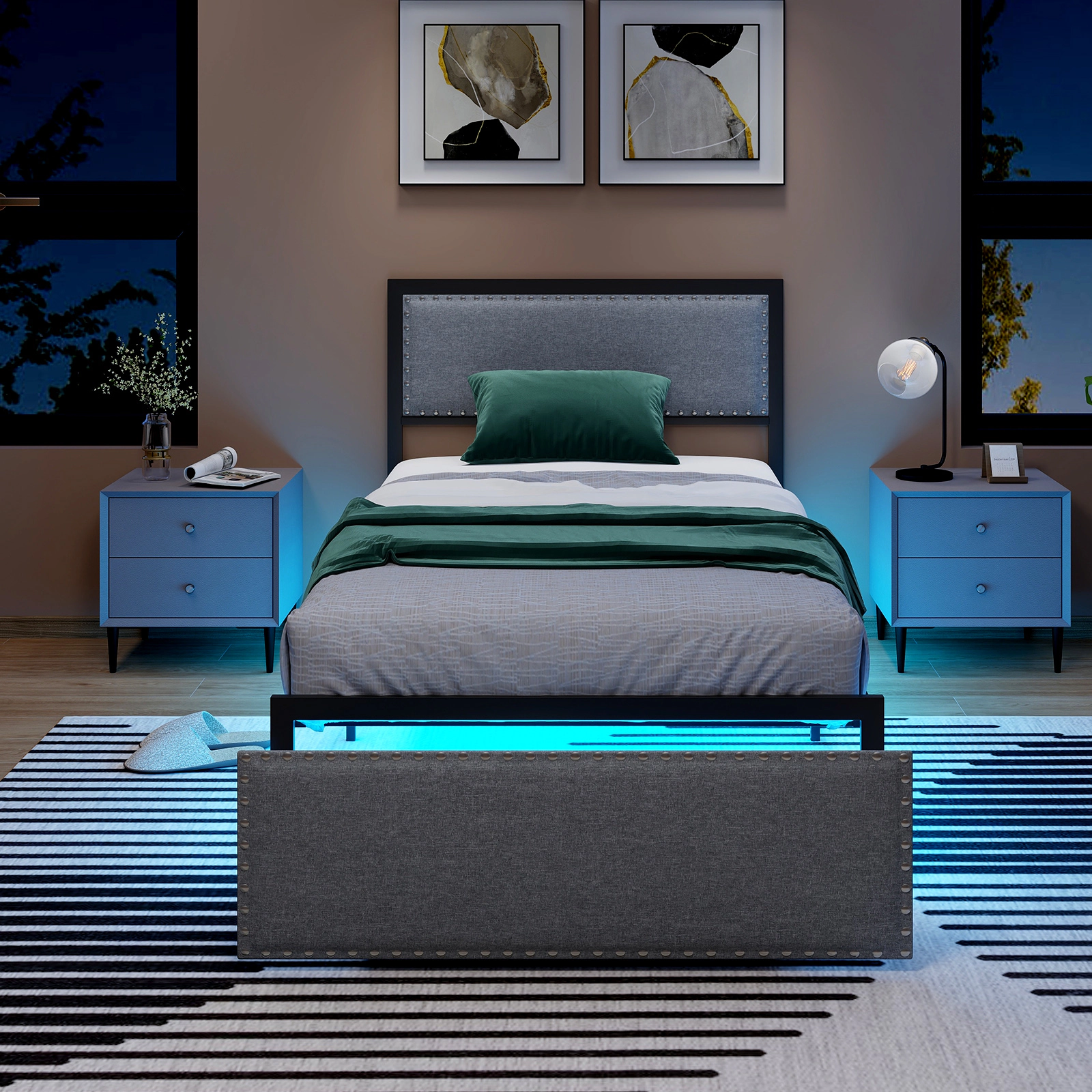 SUGIFT Upholstered Twin Bed Frame with LED Lights Drawer and Metal Slats 1000-lb Capacity 77-in x 42-in Frame Gray