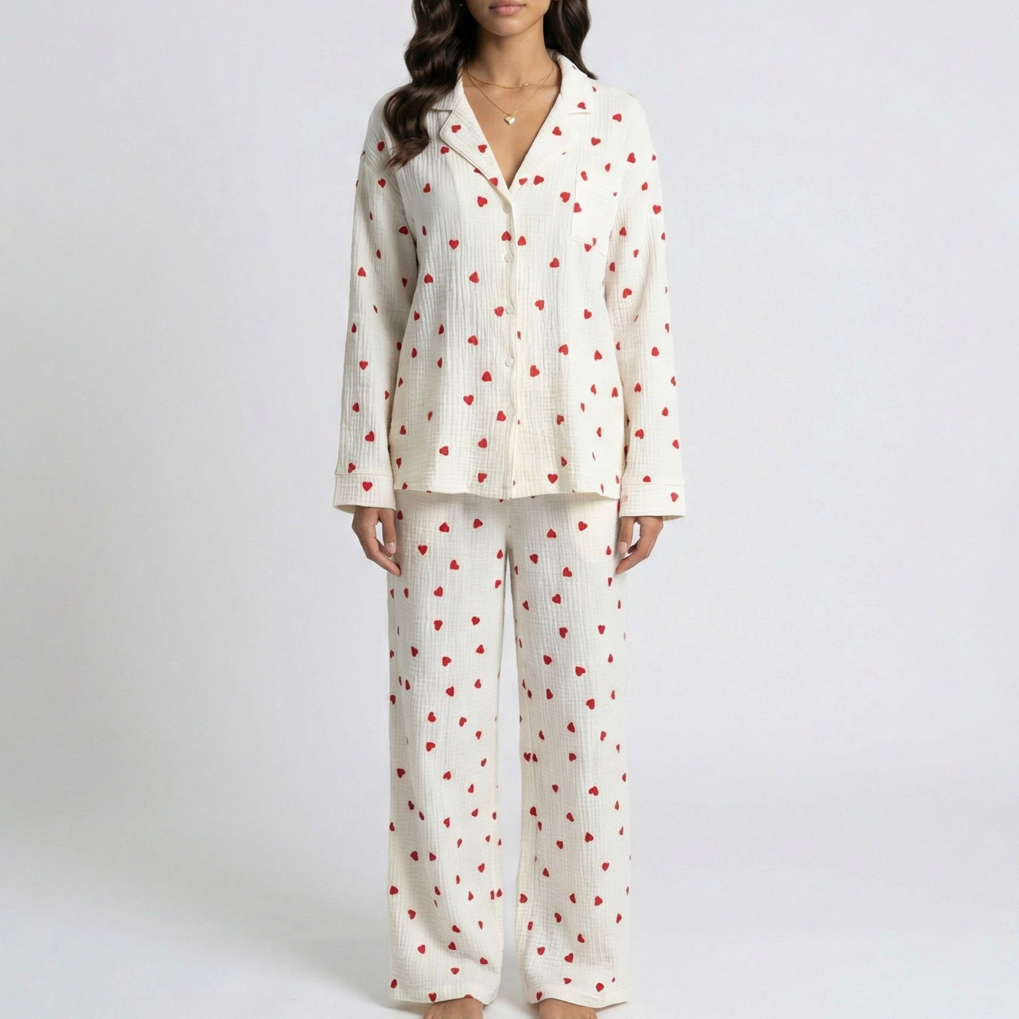 Anna-Kaci Women's Button Up Valentine Pajama Set with Heart Print and Notched Collar