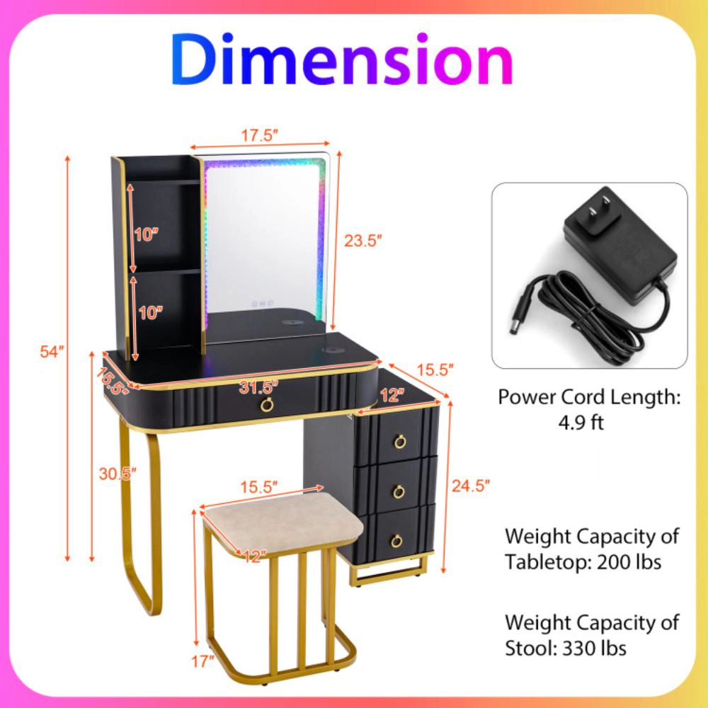Hivvago Vanity Table Set With Rgb Led Lights And Wireless Charging Station