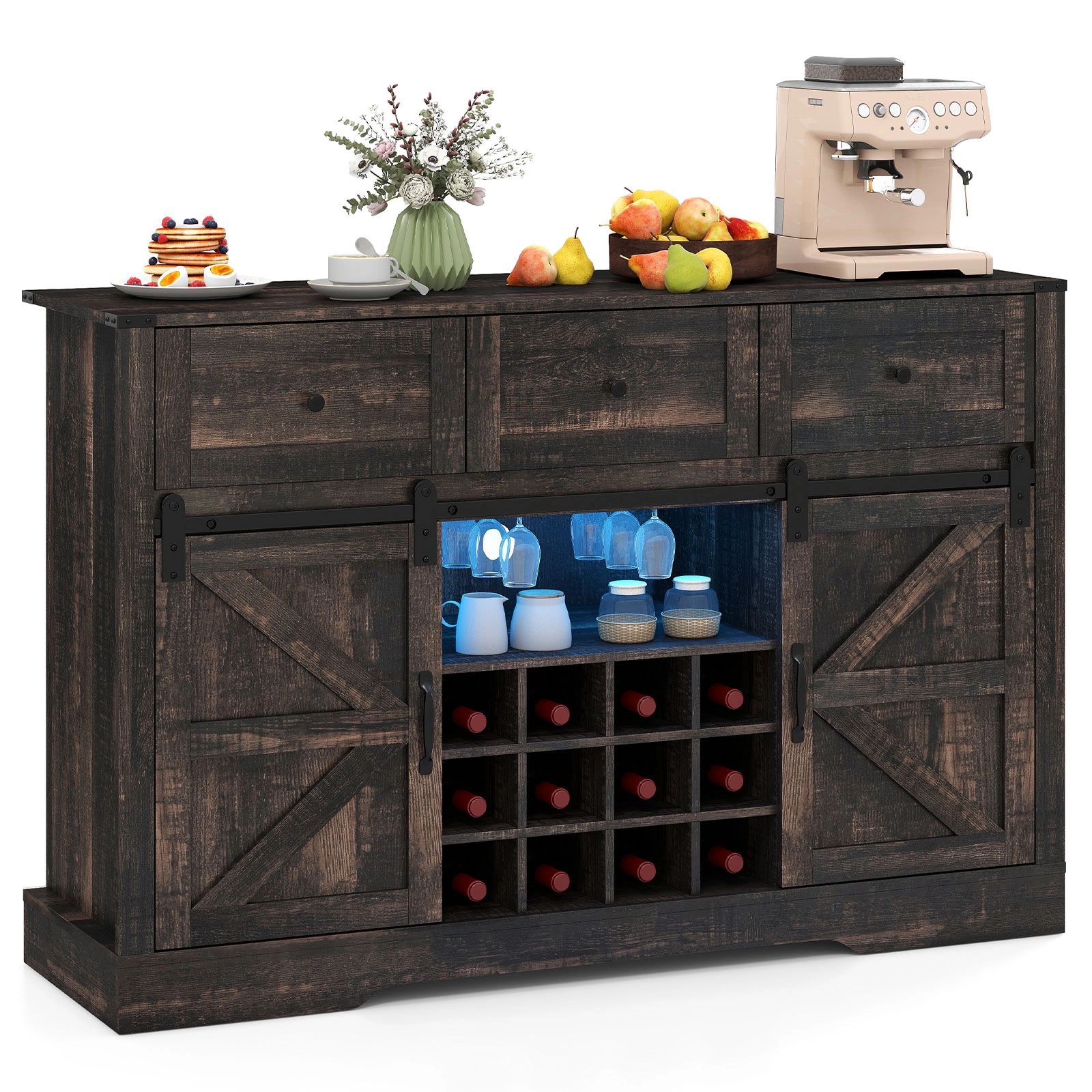 Glintex 52-Inch Wine Bar Cabinet with LED Lights and Sliding Barn Doors