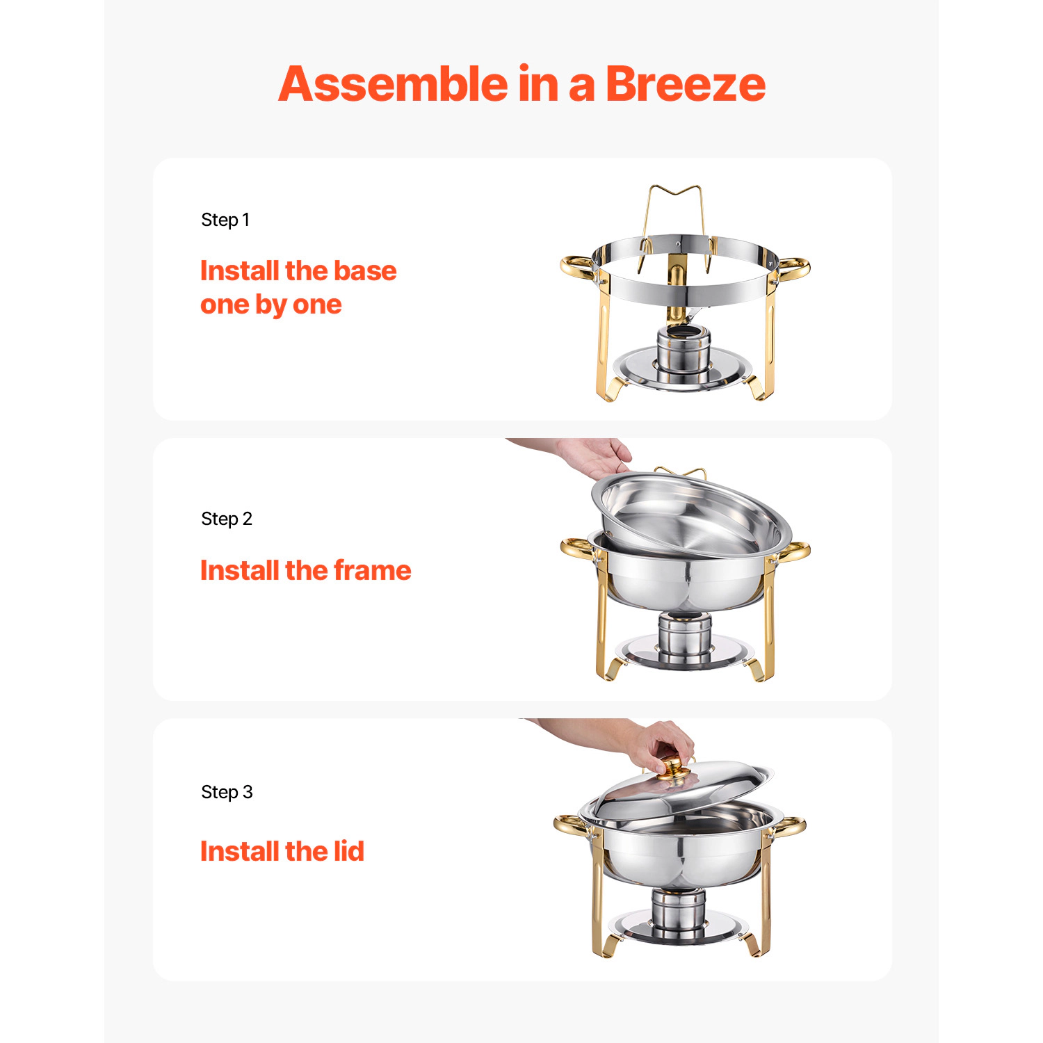 HONGGE Chafing Dish Buffet Set Stainless Steel Chafer with Full Pans Round Catering Warmer Server Lid Water