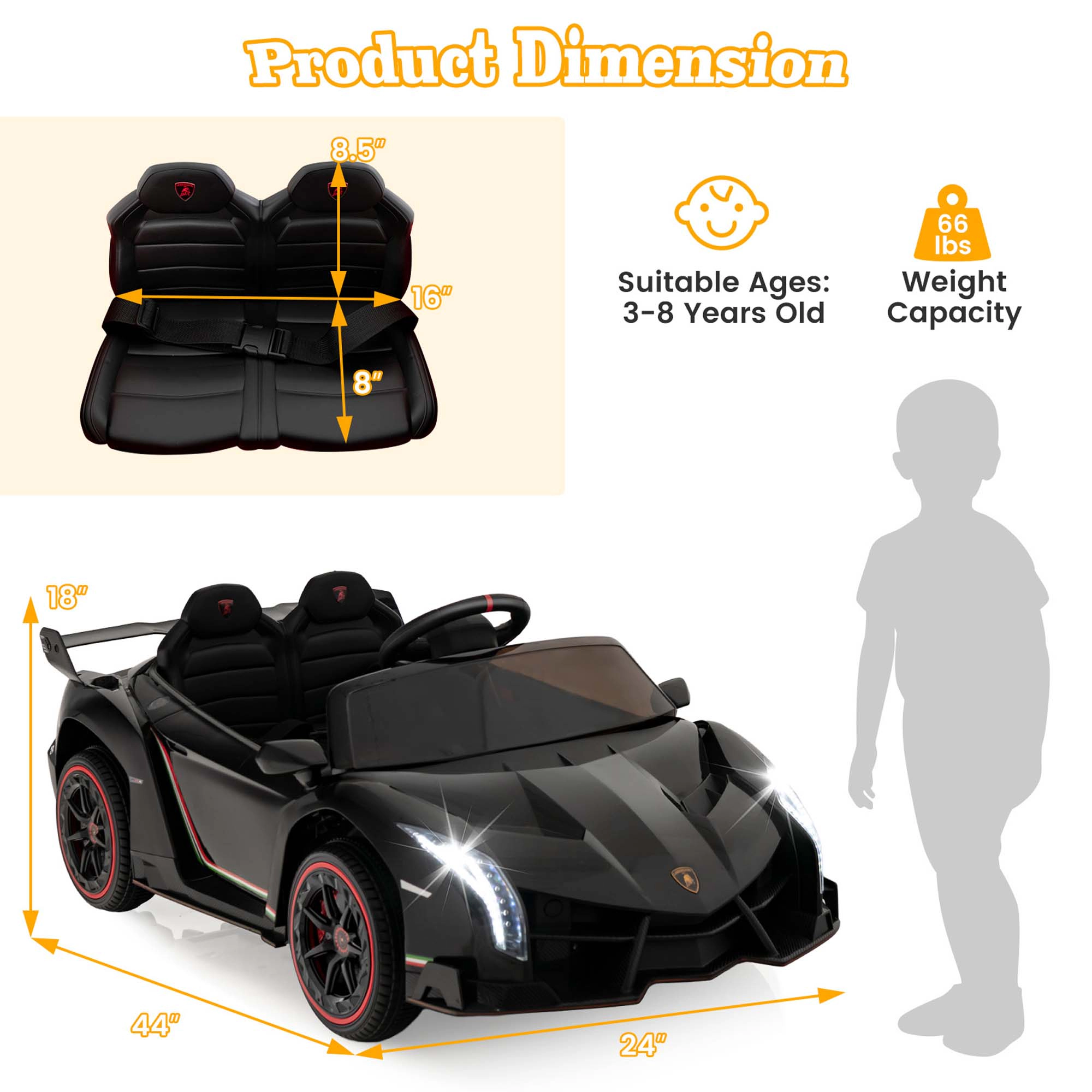 Costway Licensed Lamborghini 4WD Kids Ride-on Sports Car 12V Battery Powered with 3 Speeds Black