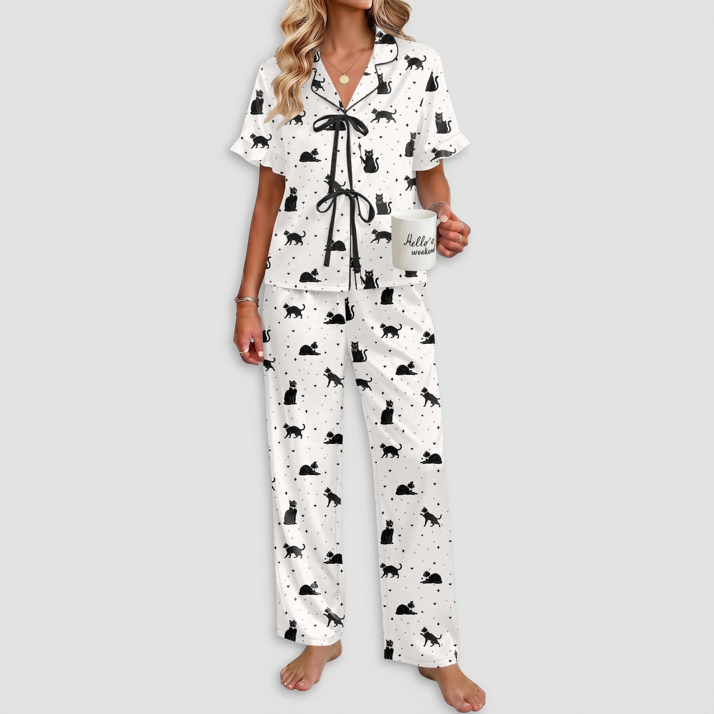 Ekouaer Silk Pajamas for Womens Two Piece Satin Pajama Set Ruffle Tie Short Sleeve Comfy Loungewear
