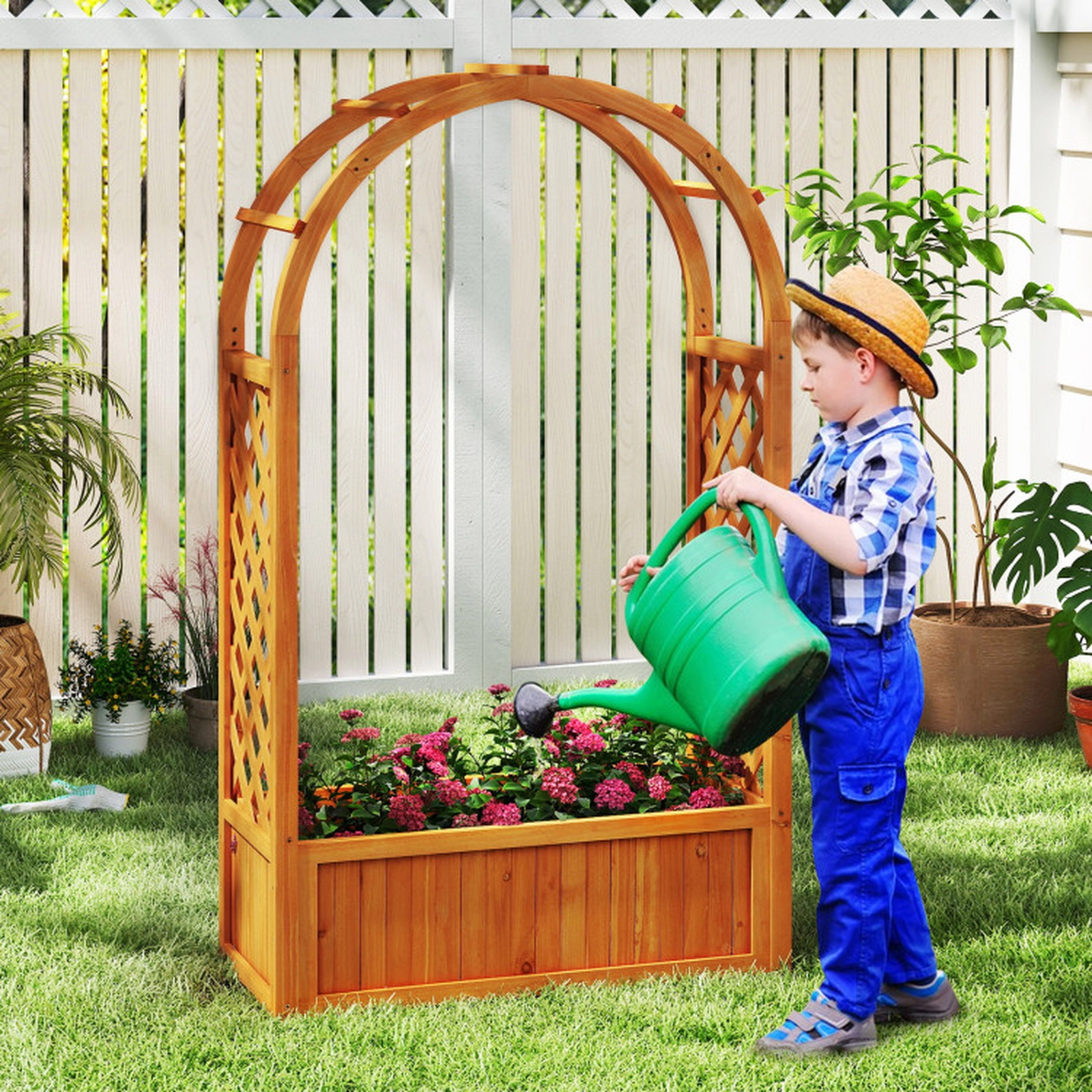 SUGIFT Arched Roof Lattice Trellis Raised Garden Bed Wooden Elevated Planter Box 88-lb Capacity Reddish Brown