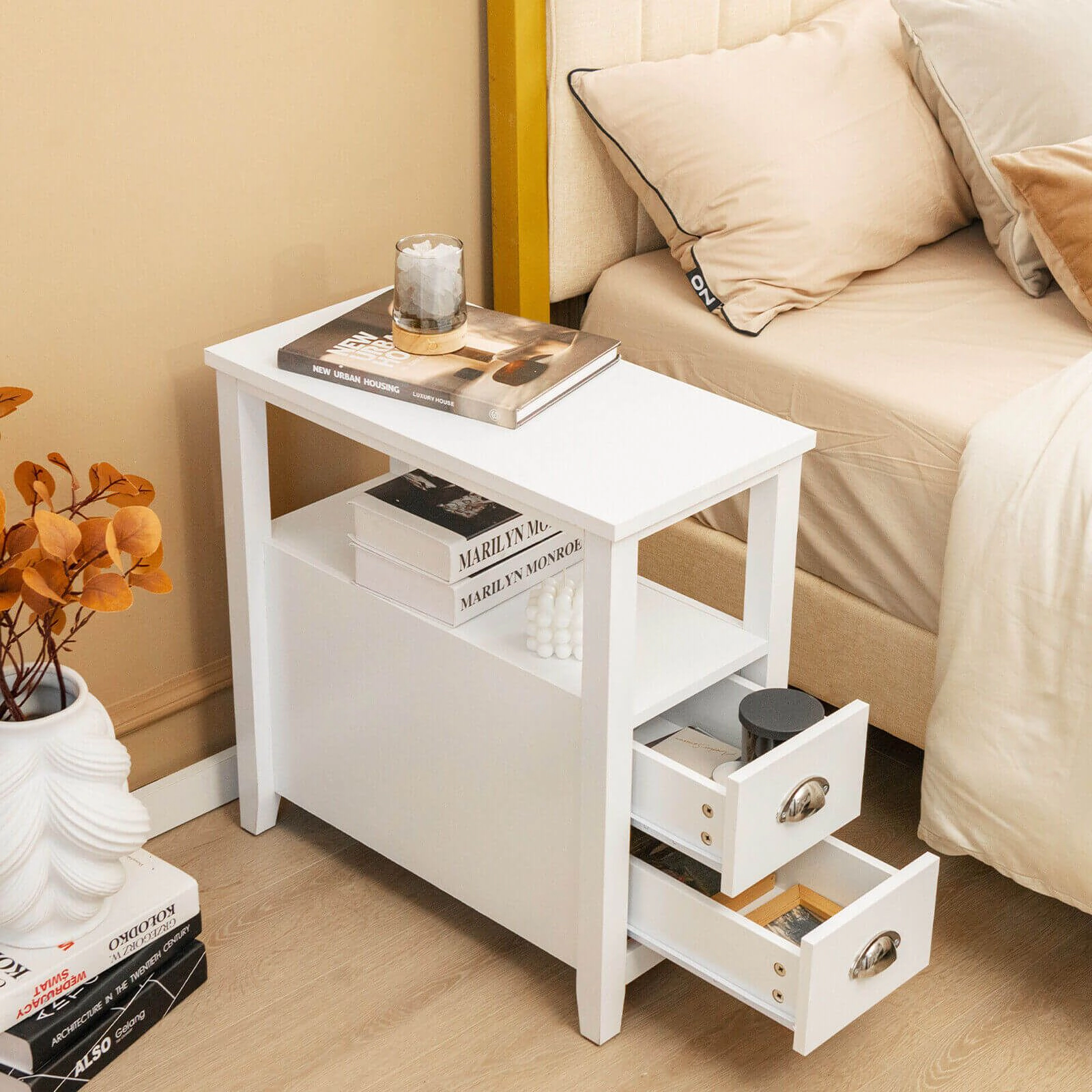 SlickBlue Modern Wooden Bedside Table with Drawers and Shelves