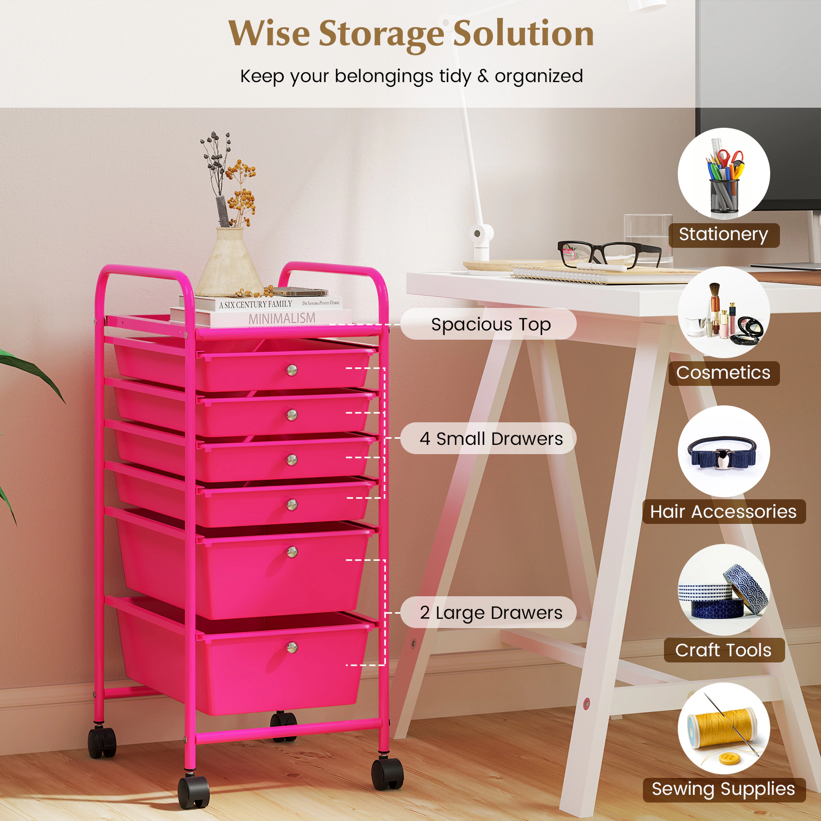 SUGIFT Multifunctional 6-Drawer Rolling Storage Cart Organizer 30-in Tall Rose Red