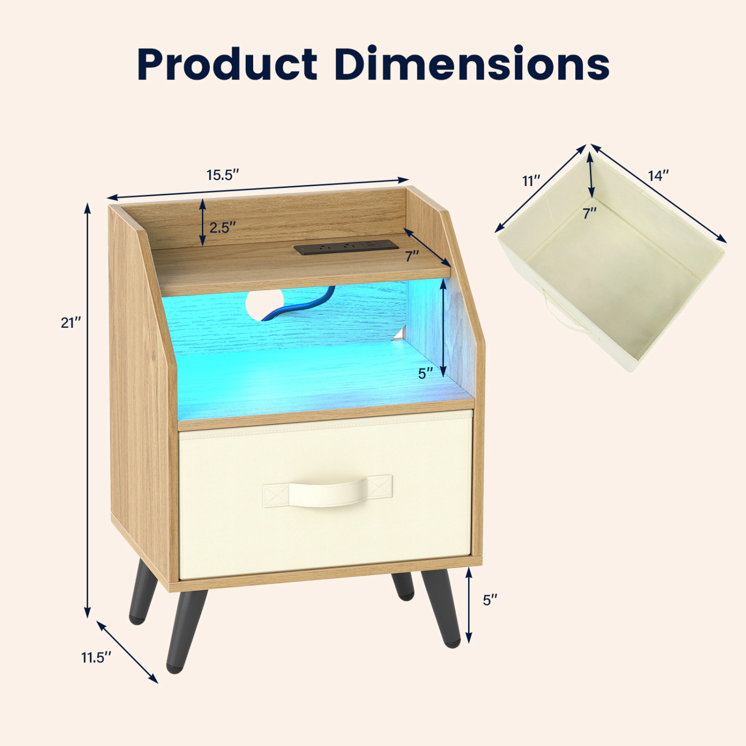 LJG Set of 2 Nightstands with LED Lights and Power Outlets for Living Room