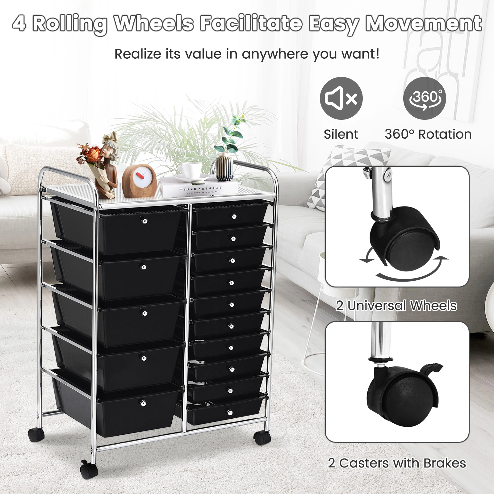 SUGIFT 15-Drawer Rolling Utility Organizer Cart with Steel Frame 22-lb Top Capacity Multi-Use Black