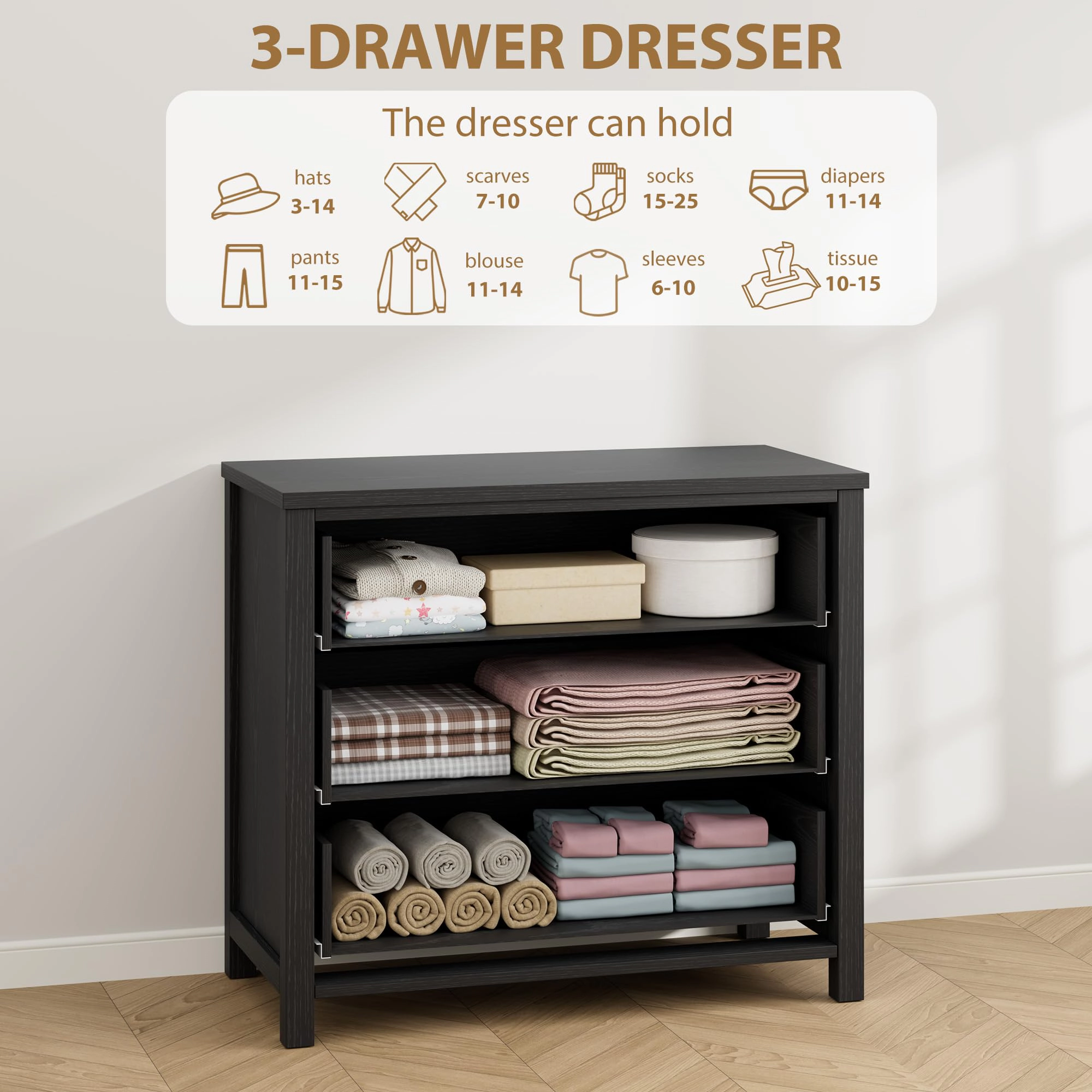 3 Drawer Modern Dresser, 29" Tall Wooden Storage Chest Organizer for Bedroom Living Room Hallway