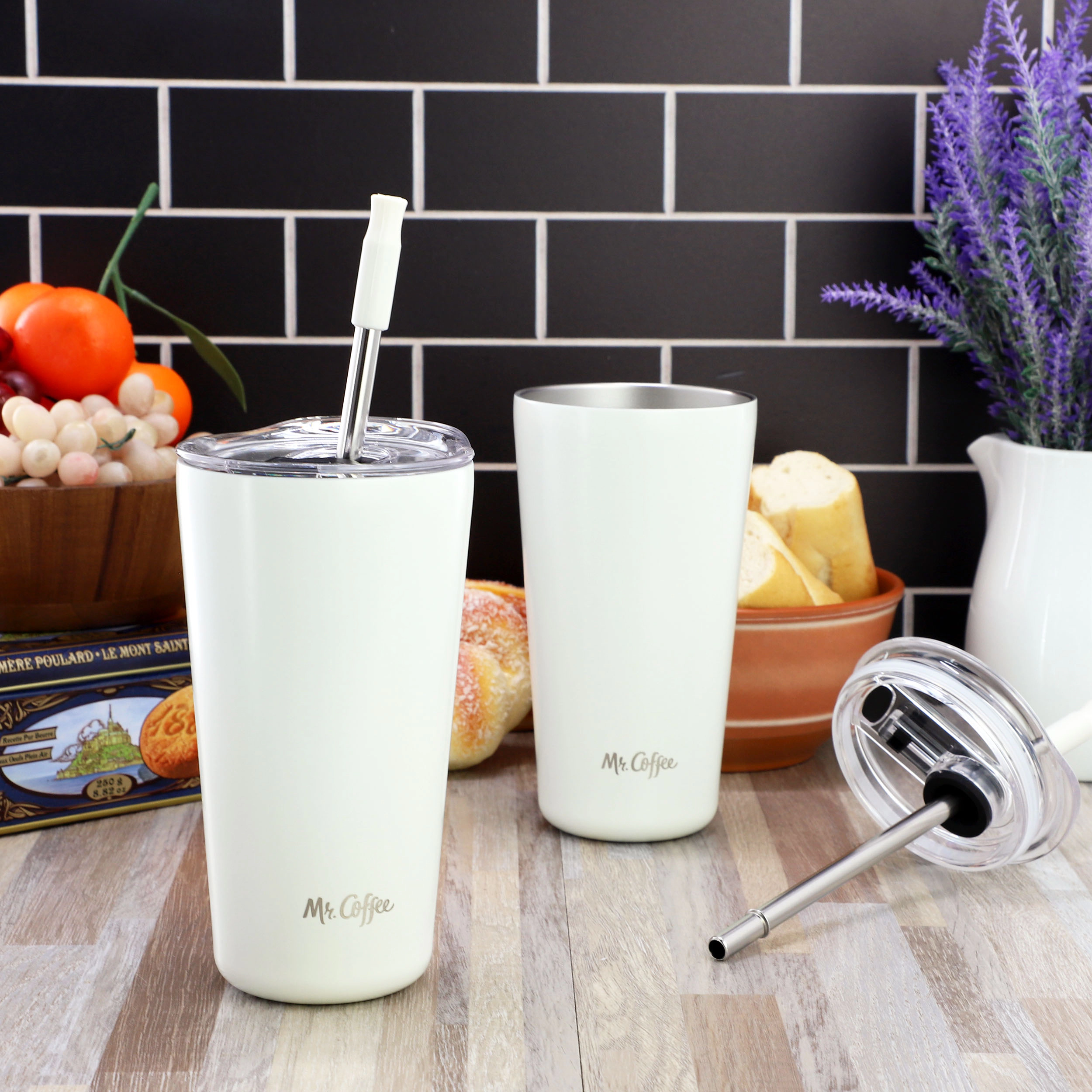 Mr. Coffee Java Quest 4-Piece Set 16 Ounce Double Wall Stainless Steel Tumbler in White with Stainless Steel Straw