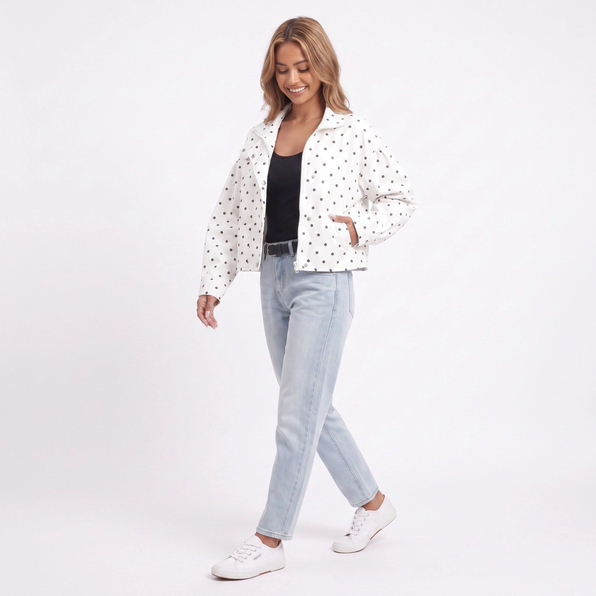 Anna-Kaci Women's Polka Dot Stand Collar Cropped Jacket Snap Front Relaxed Fit Long Sleeve