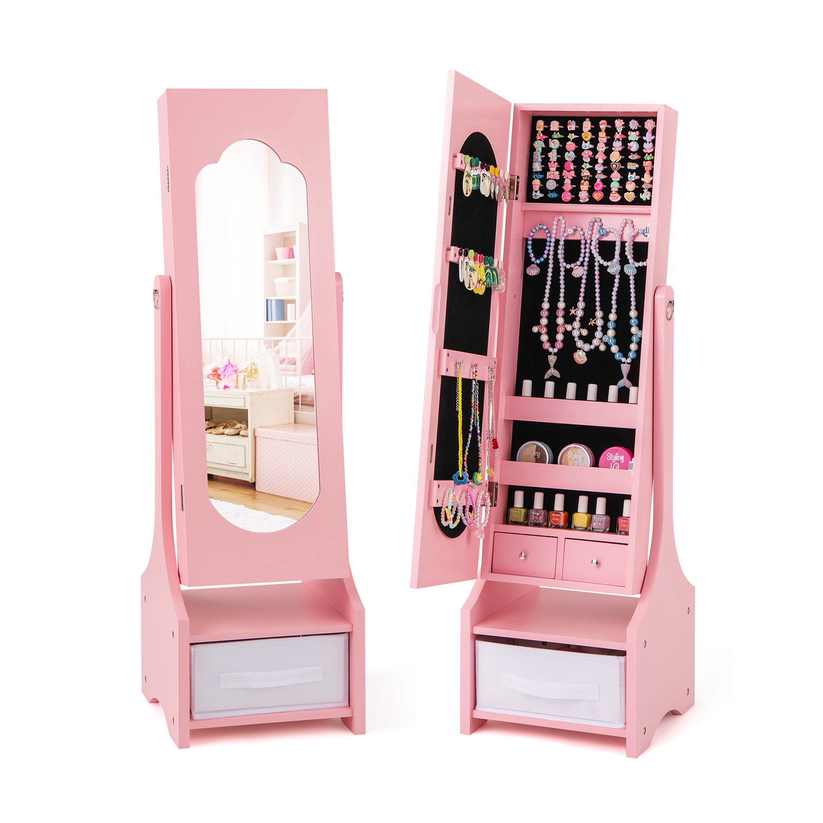 SUGIFT Kids Full-Length Mirror 2 Tilt Angles 64 Ring Slots Jewelry Armoire Cabinet 12.5-in x 12-in x 41.5-in Pink