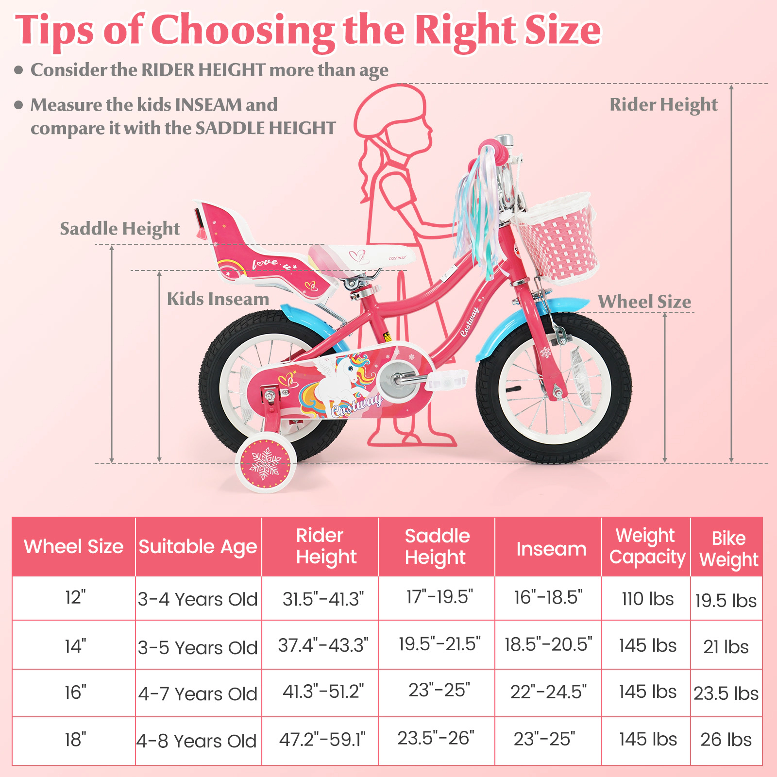LJG Girls Bike for 3-8 Years Old Kids with Doll Seat