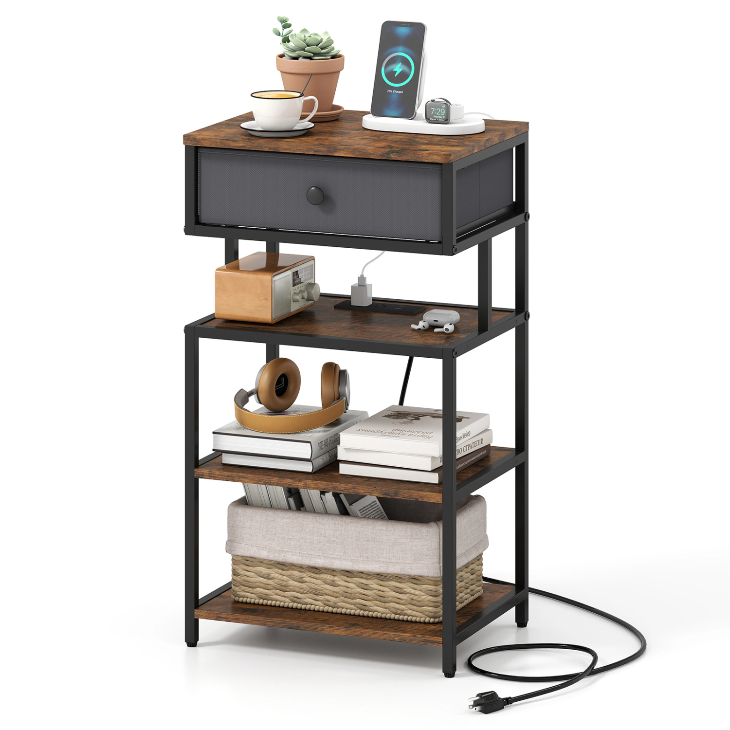 Glintex 28-Inch Tall Nightstand with Charging Station and Low-Mounted Power Shelf, Rustic Brown