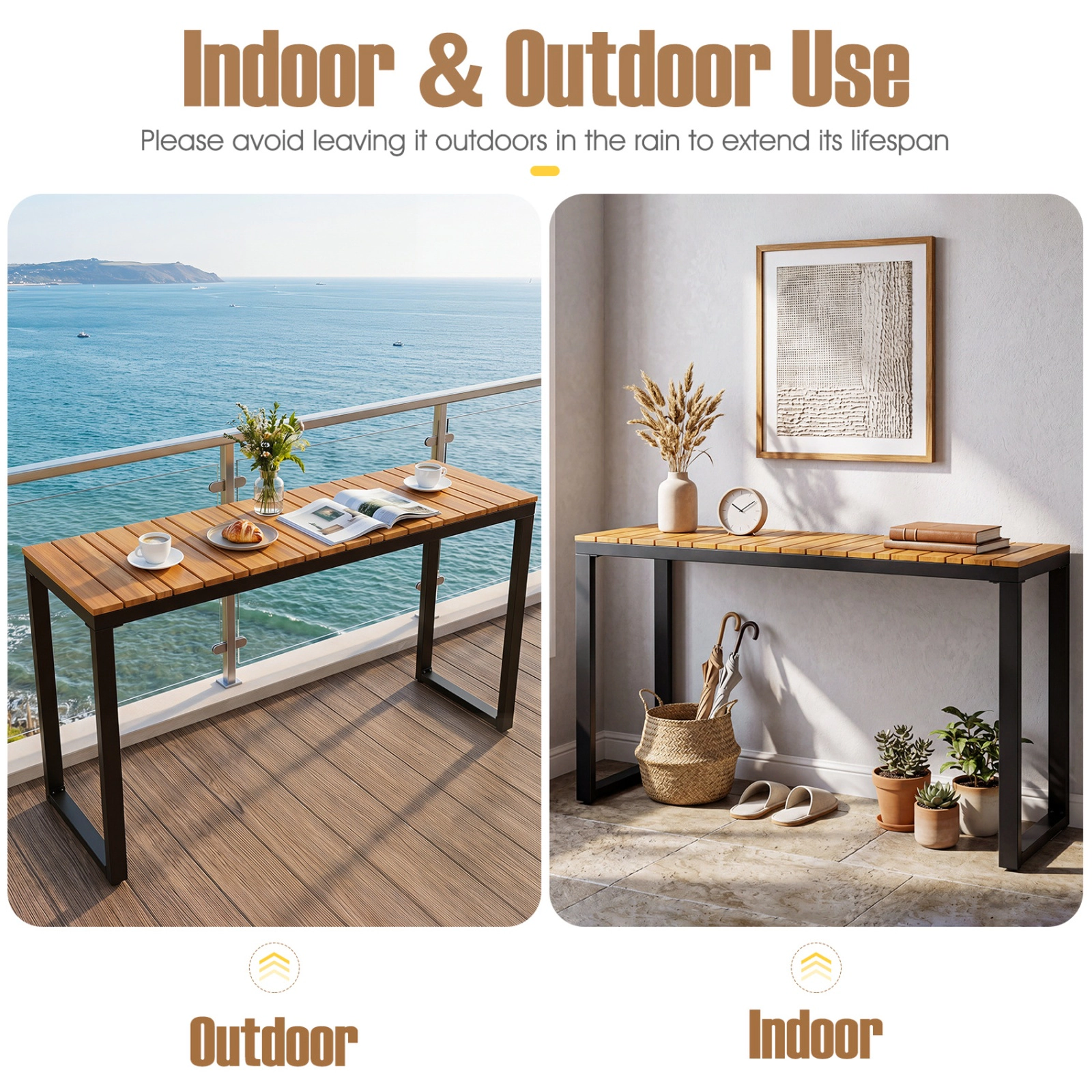 SUGIFT 51-In Narrow Acacia Wood Slatted Outdoor Console Table, Natural and Black
