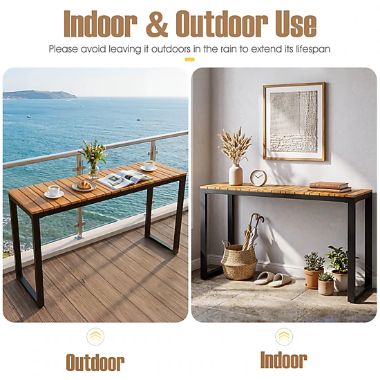 SUGIFT 51-In Narrow Acacia Wood Slatted Outdoor Console Table, Natural and Black