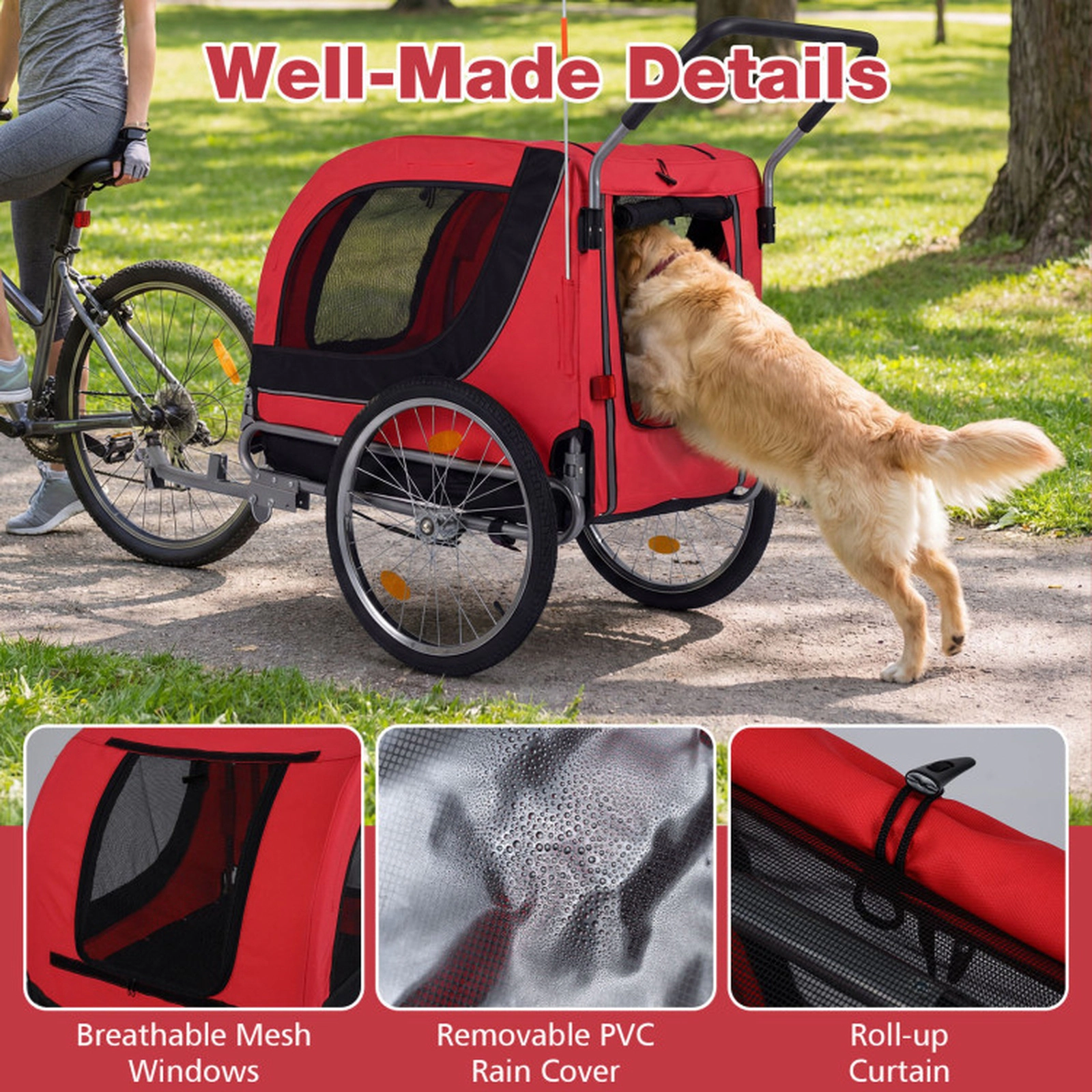 SUGIFT Red 2-in-1 176-lb Capacity Folding Dog Bike Trailer and Pet Stroller with Universal Bicycle Coupler