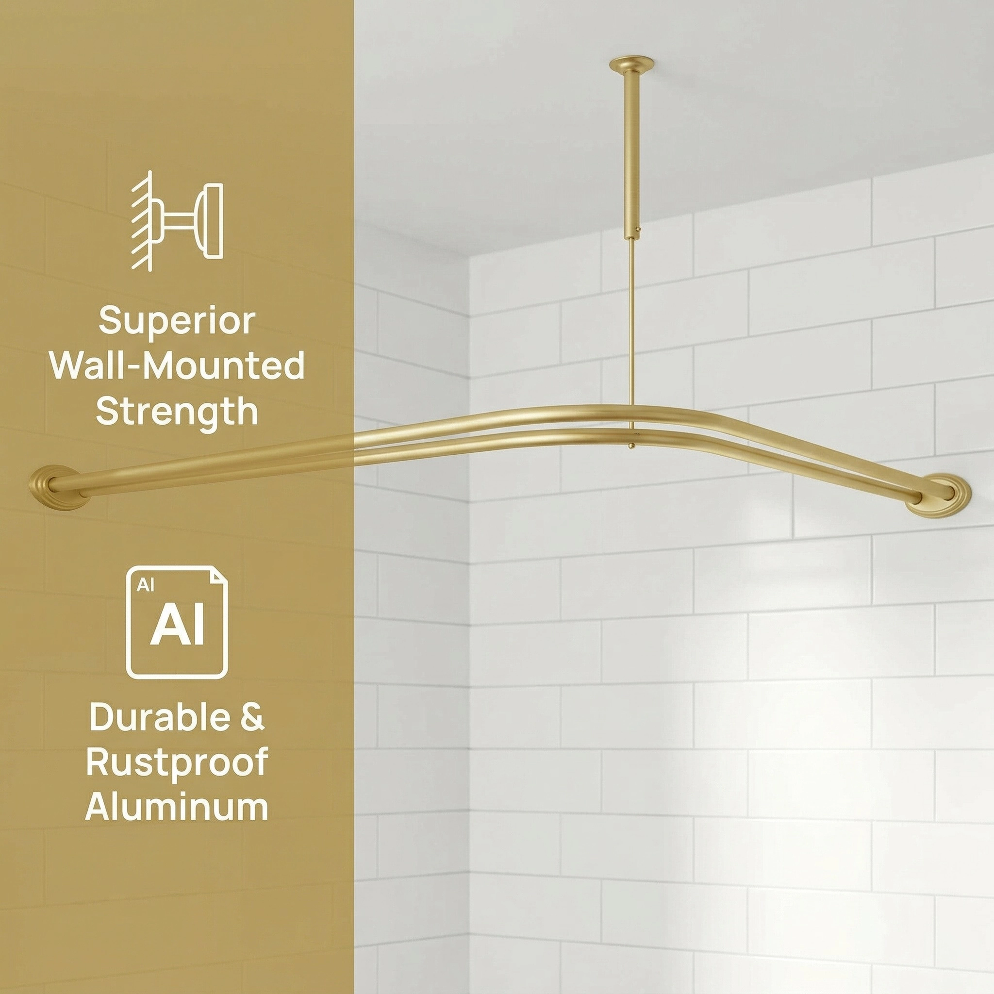 Utopia Alley Rustproof Aluminum Double L Shaped Shower Curtain Rod 72"Lx31.7"W, with 24 Hooks & Ceiling Support