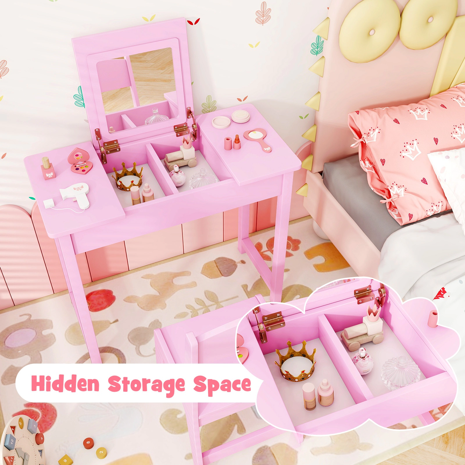 SUGIFT Kids Flip Top Mirror Hidden Storage Vanity Makeup Table and Chair Set 27.5-in x 13.5-in x 24-in 110-lb Pink
