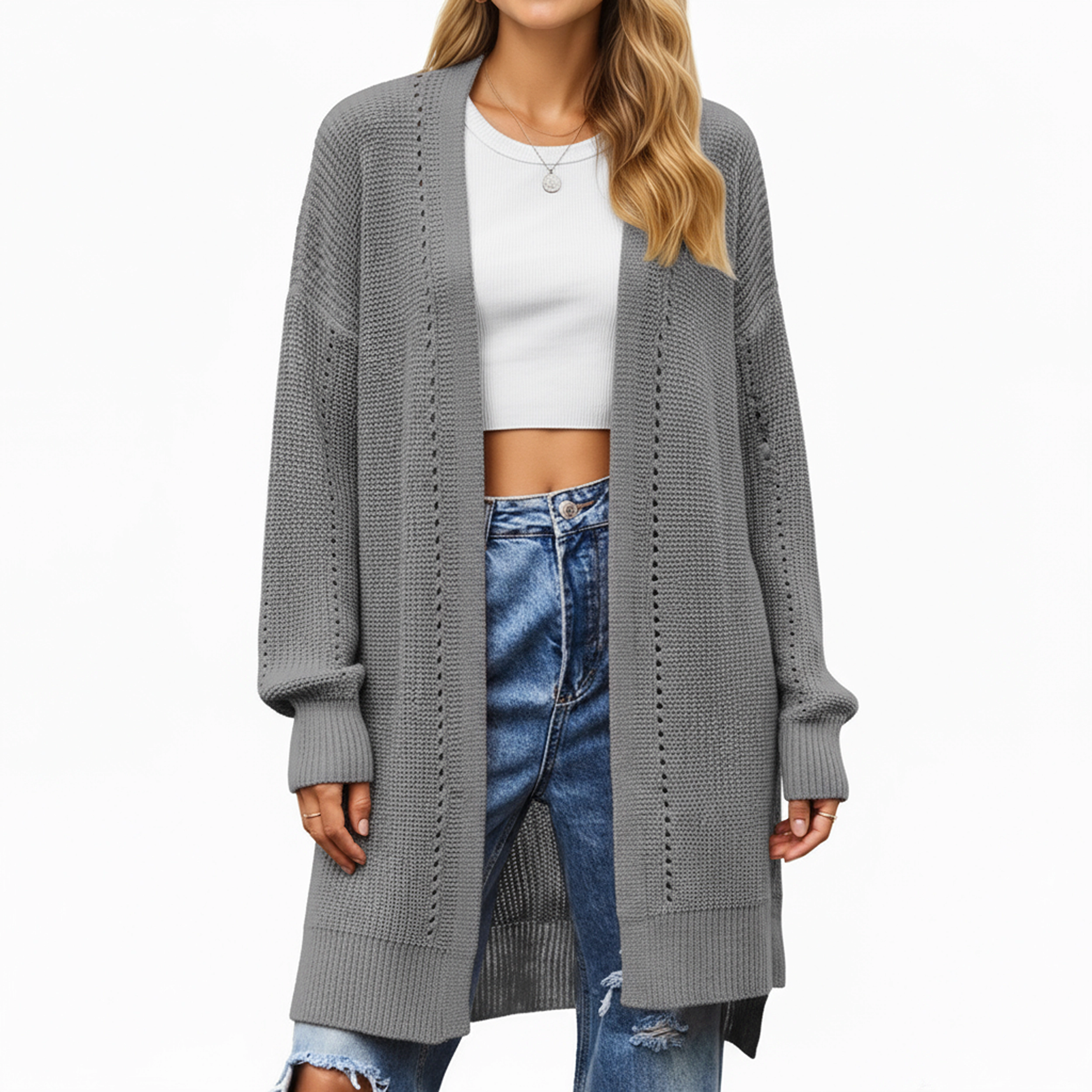 Anna-Kaci Women's Open Front Knit Cardigan with Relaxed Fit and Textured Detailing
