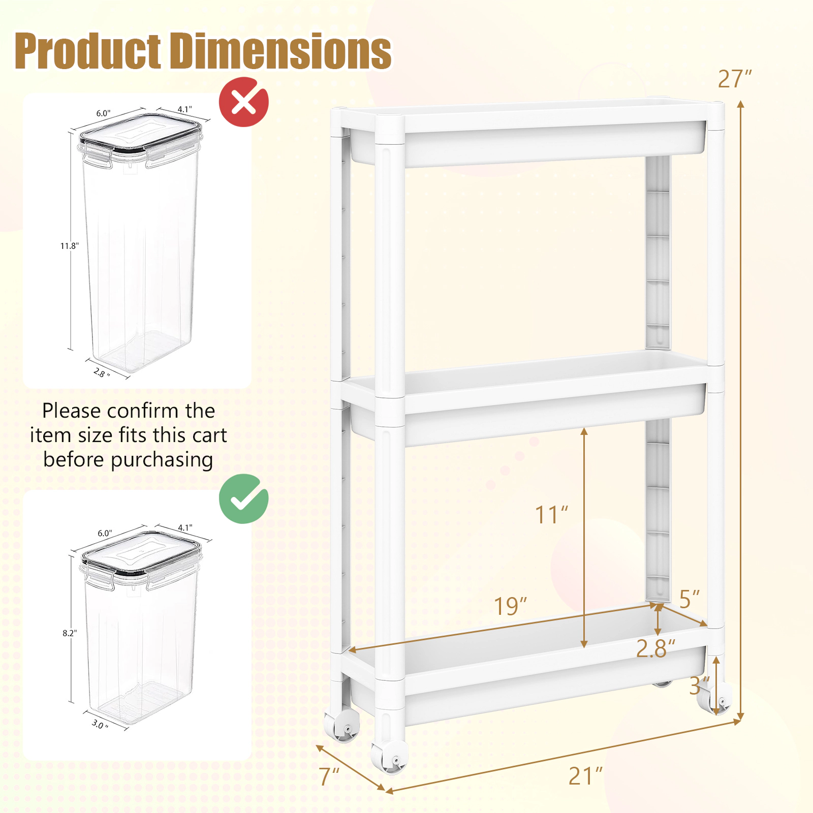 SUGIFT Set of 2 White 3-Tier Slim Rolling Storage Cart 7-in Under Sink Organizer for Bathroom and Kitchen