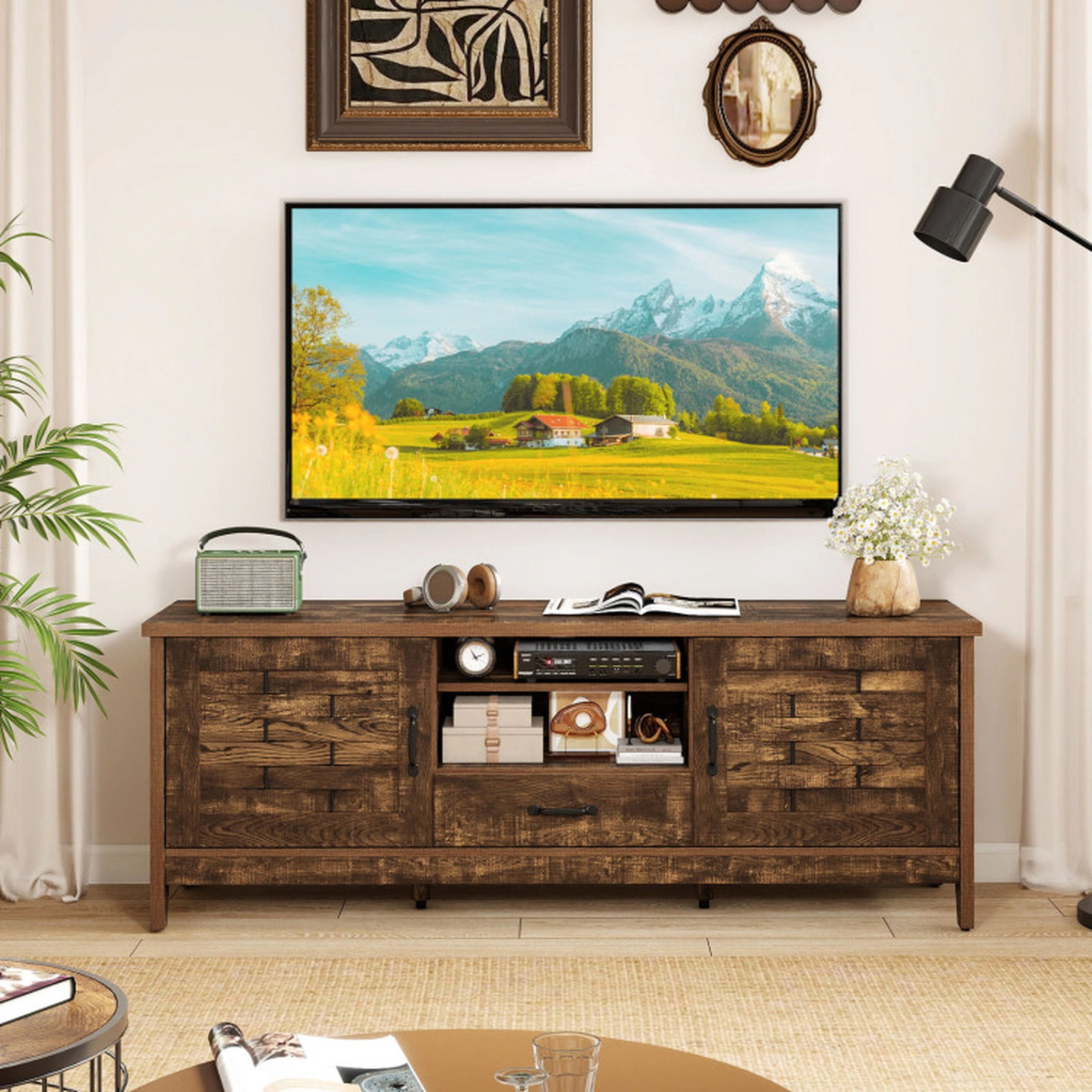 SUGIFT Rustic Brown Farmhouse TV Stand for TVs up to 65 in, Woven Doors, Drawer and Adjustable Shelves