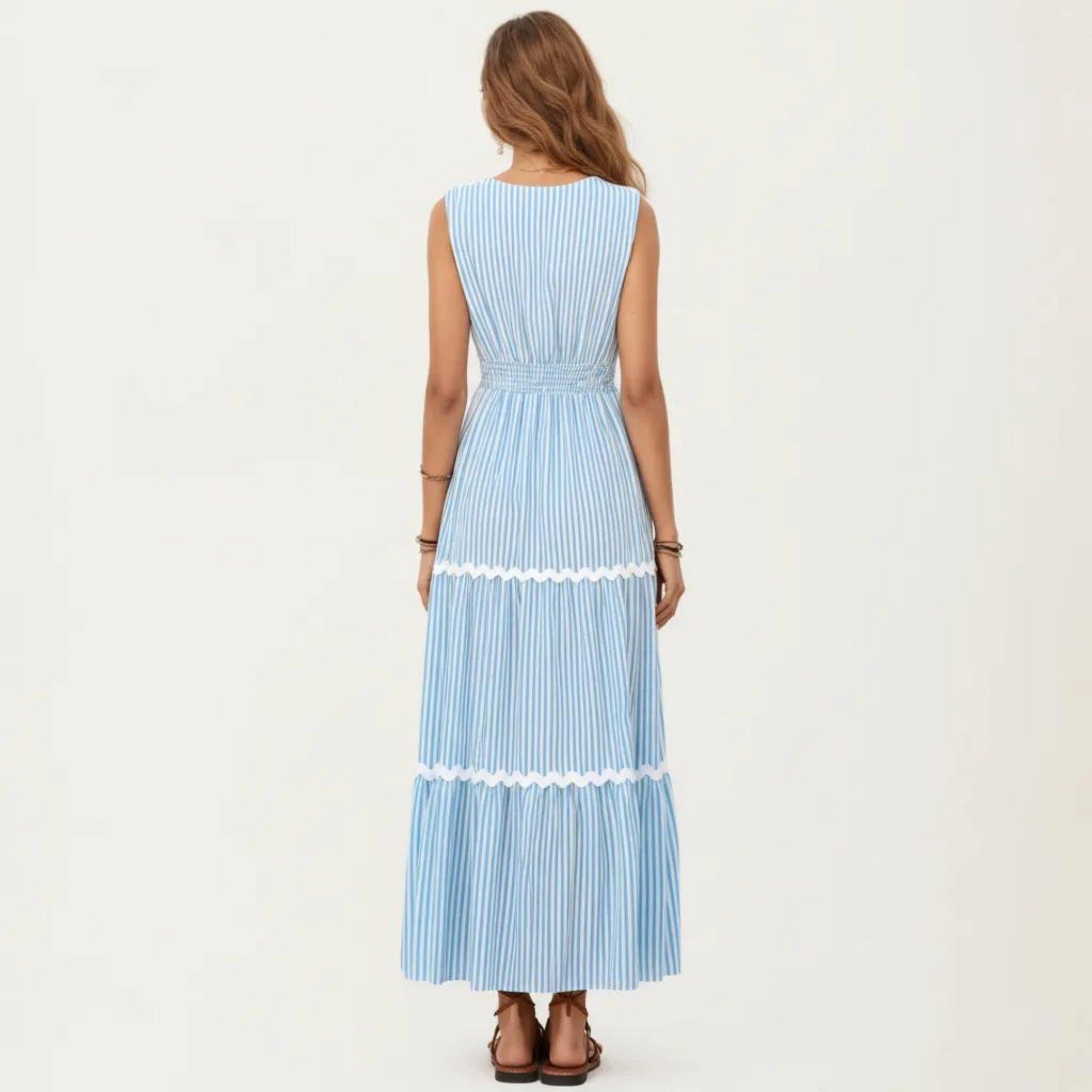 Anna-Kaci Women's Sleeveless Striped V-Neck Contrast Trim Tiered Maxi Dress