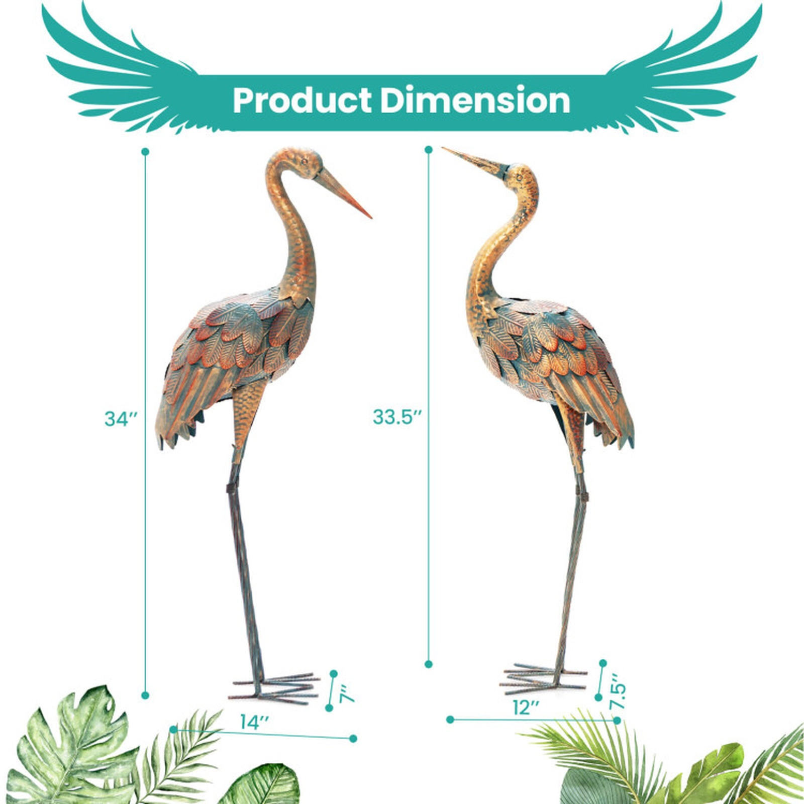 SUGIFT Set of 2 Multicolor Metal Crane Garden Statues with Gradient Feathers 34-in H and 33.5-in H