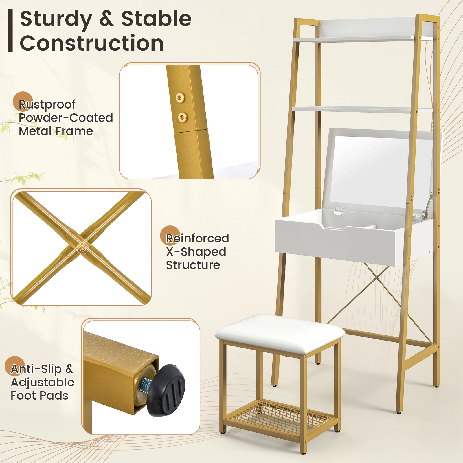 SUGIFT 2-Piece Ladder Vanity Desk Set with Flip-Top Mirror, Shelves and Stool