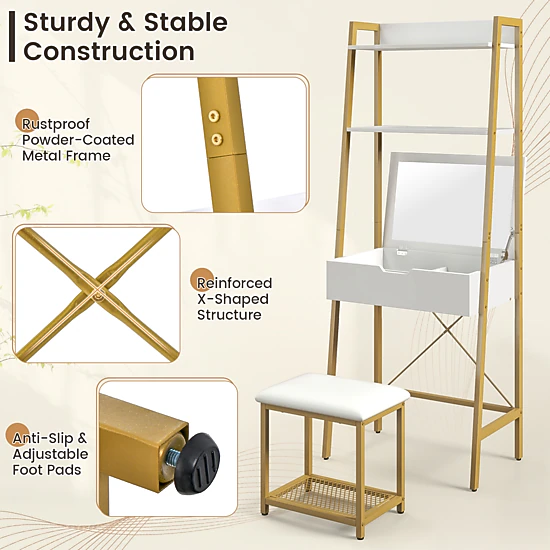 SUGIFT 2-Piece Ladder Vanity Desk Set with Flip-Top Mirror, Shelves and Stool