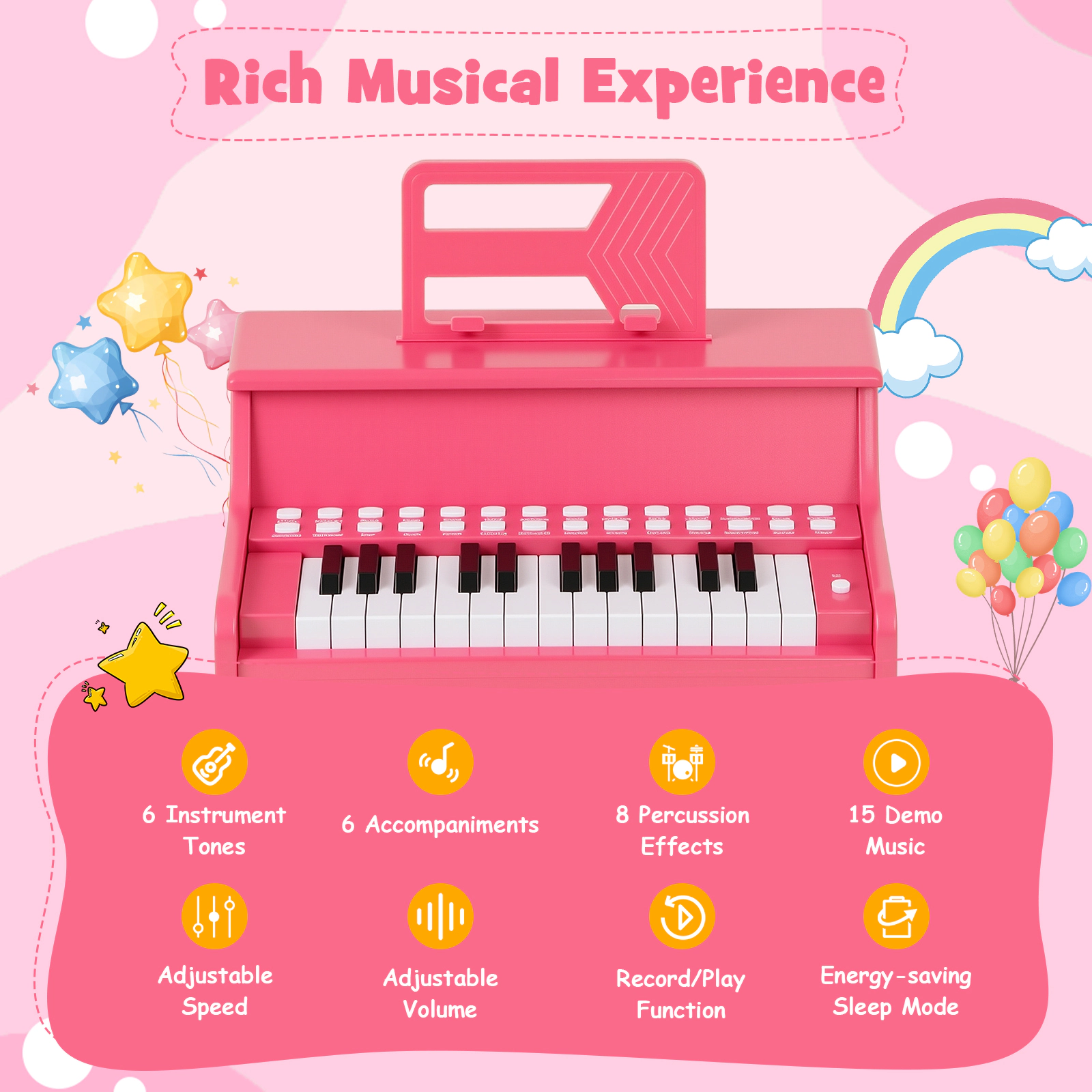 SUGIFT 25-Key Kids Piano Keyboard with Adjustable Volume and Speed Teaching Mode 15-in Wide Ages 3+ Pink