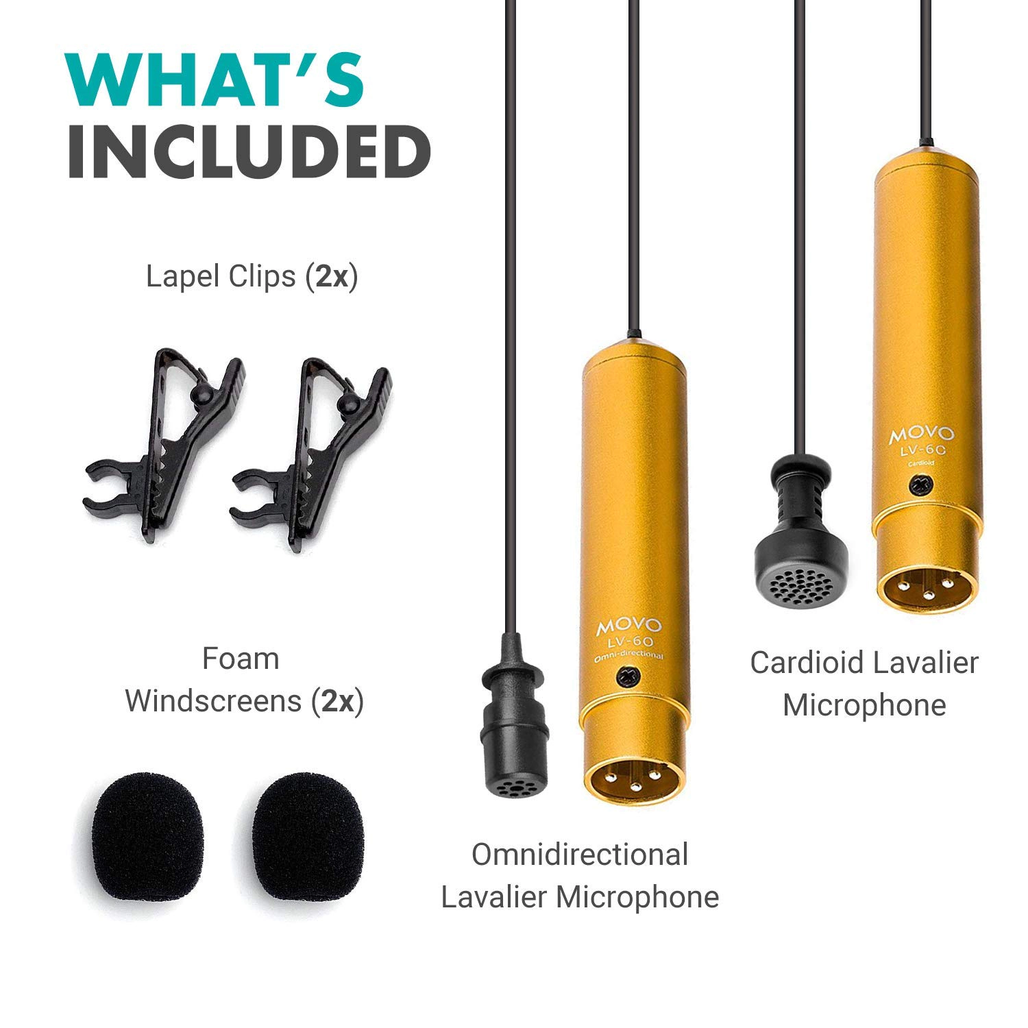 Movo LV-6 Pro Grade Omnidirectional and Cardioid XLR Lavalier Condenser Microphone Set (48V Phantom Powered)