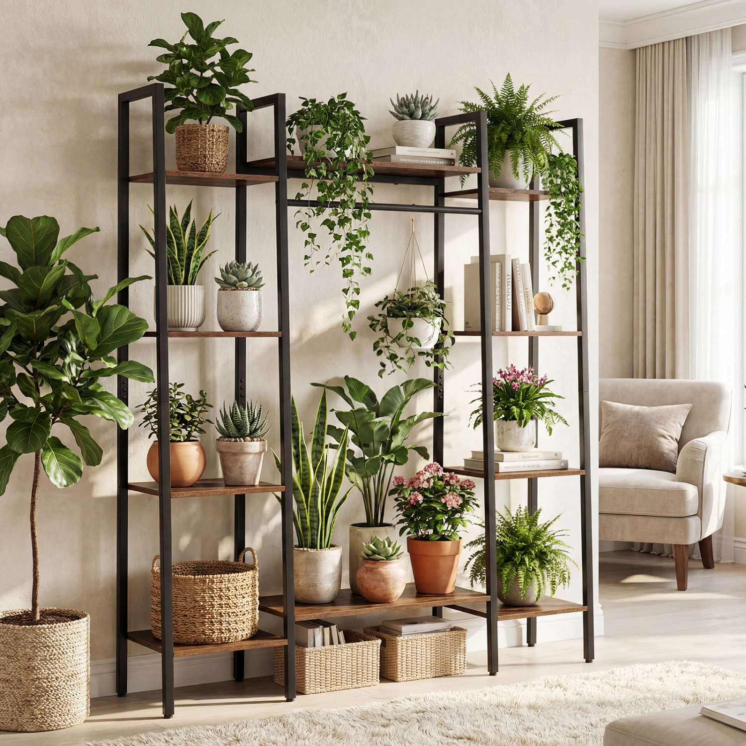 LJG 55.5 Inch Tall Plant Stand 10-Tier Plant Rack with 16 Colors LED Strip Lights