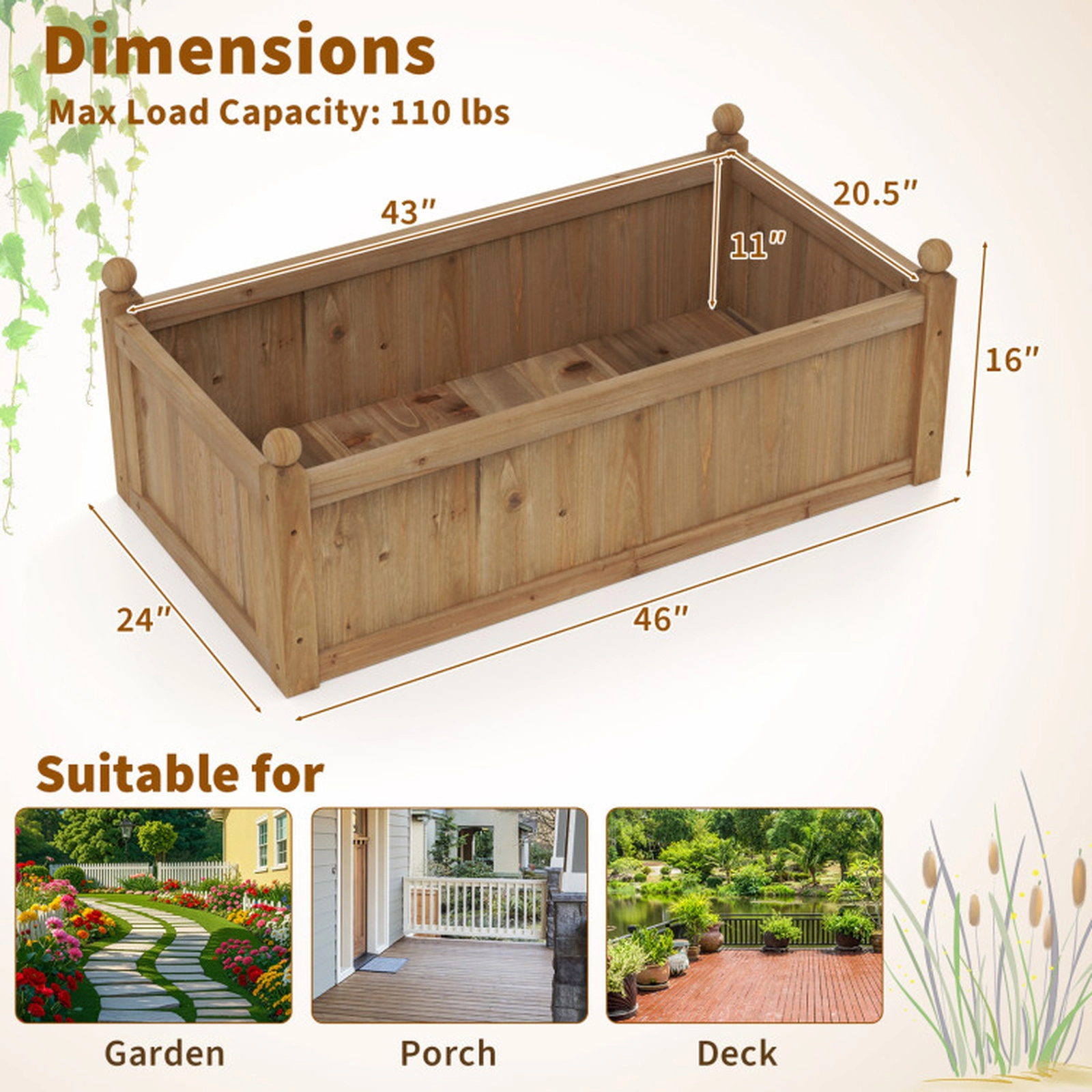 SUGIFT 46-in x 24-in 110-lb Capacity Rustic Fir Wood Raised Garden Bed Planter Box with Drainage Gaps