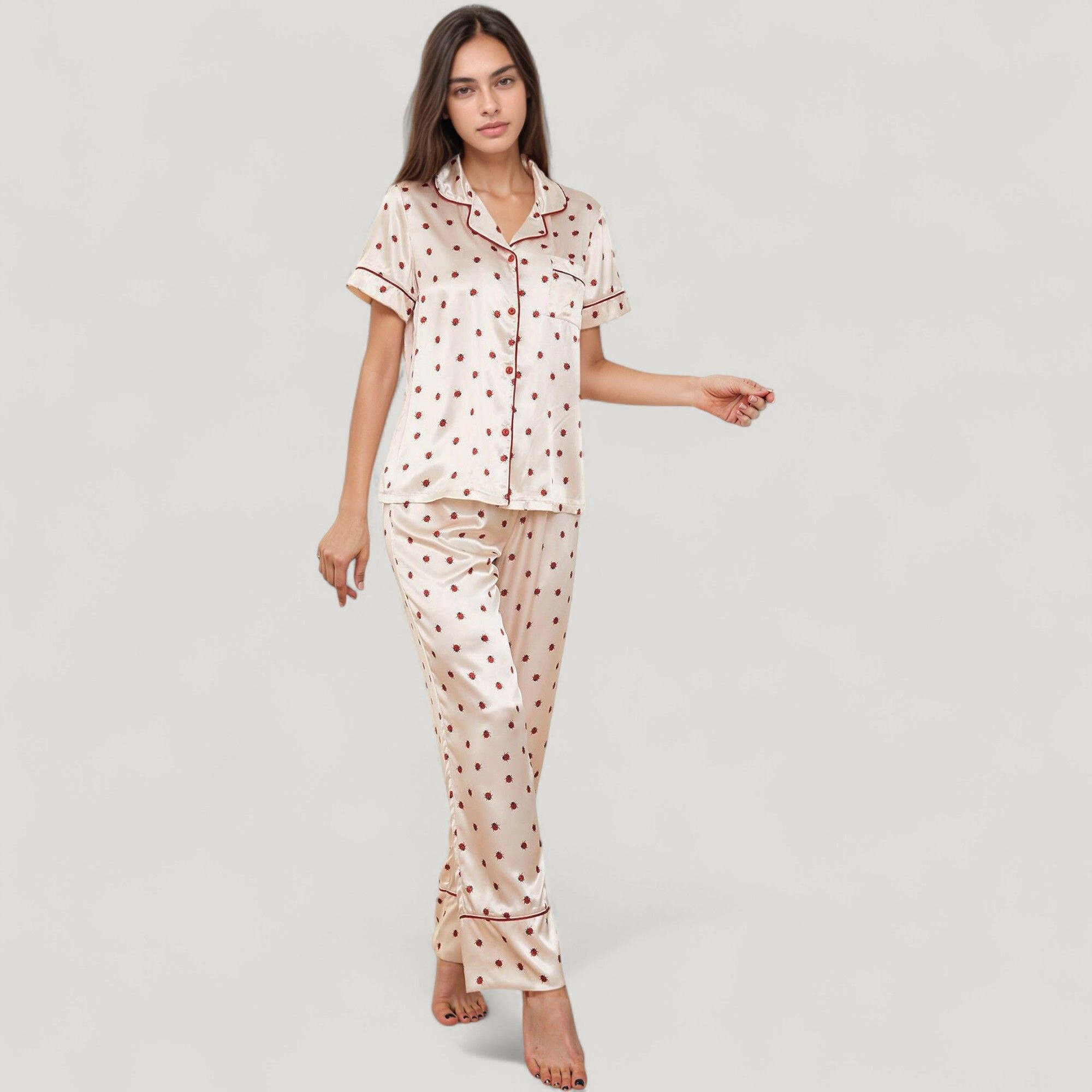 Anna-Kaci Women's Satin Pajama Set with Short Sleeve Notch Collar Button Up Top and Polka Dot Wide Leg Pants