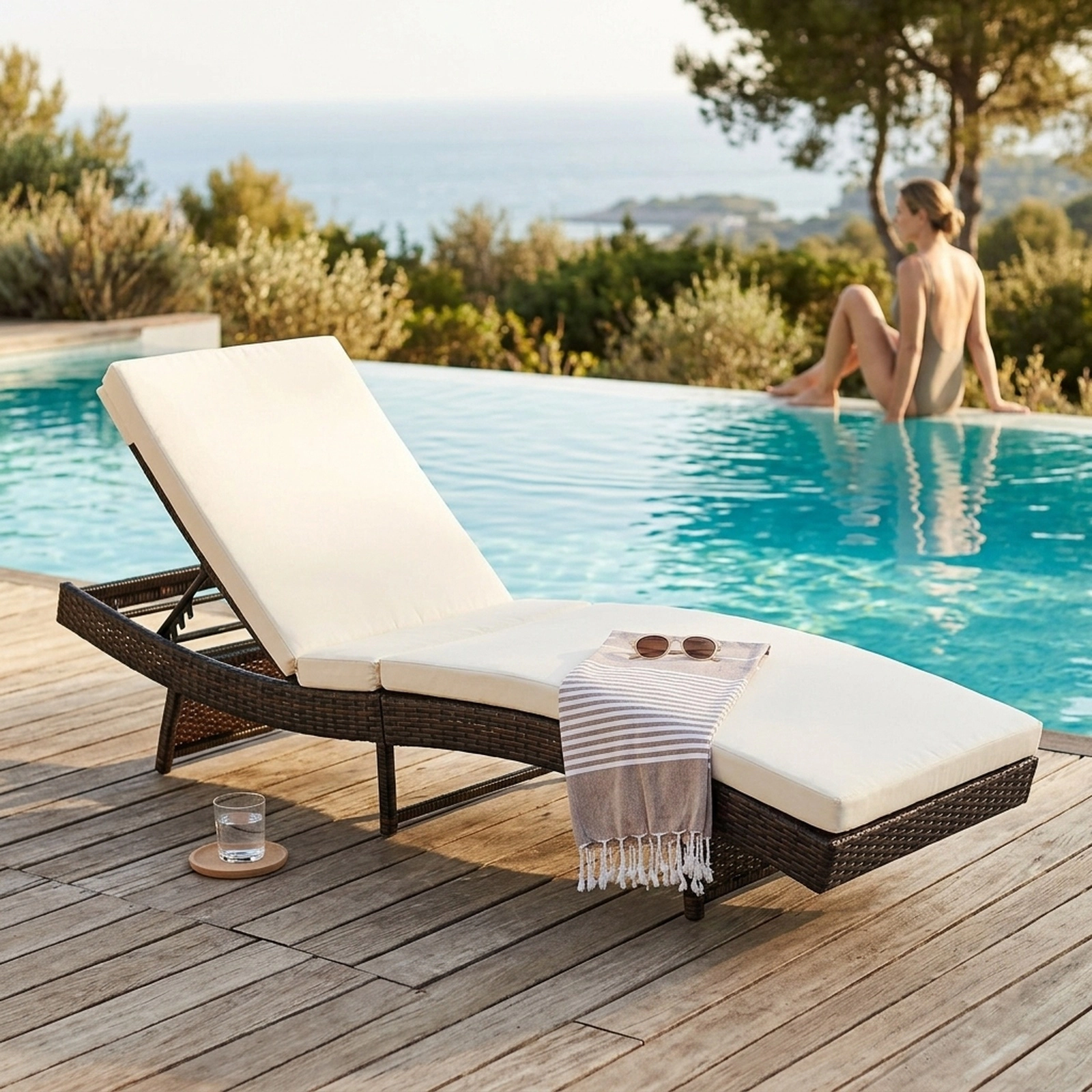 SUGIFT 83-In Folding Outdoor Chaise Lounge, White PE Rattan, 5-Level Backrest, 2.5-In Cushion