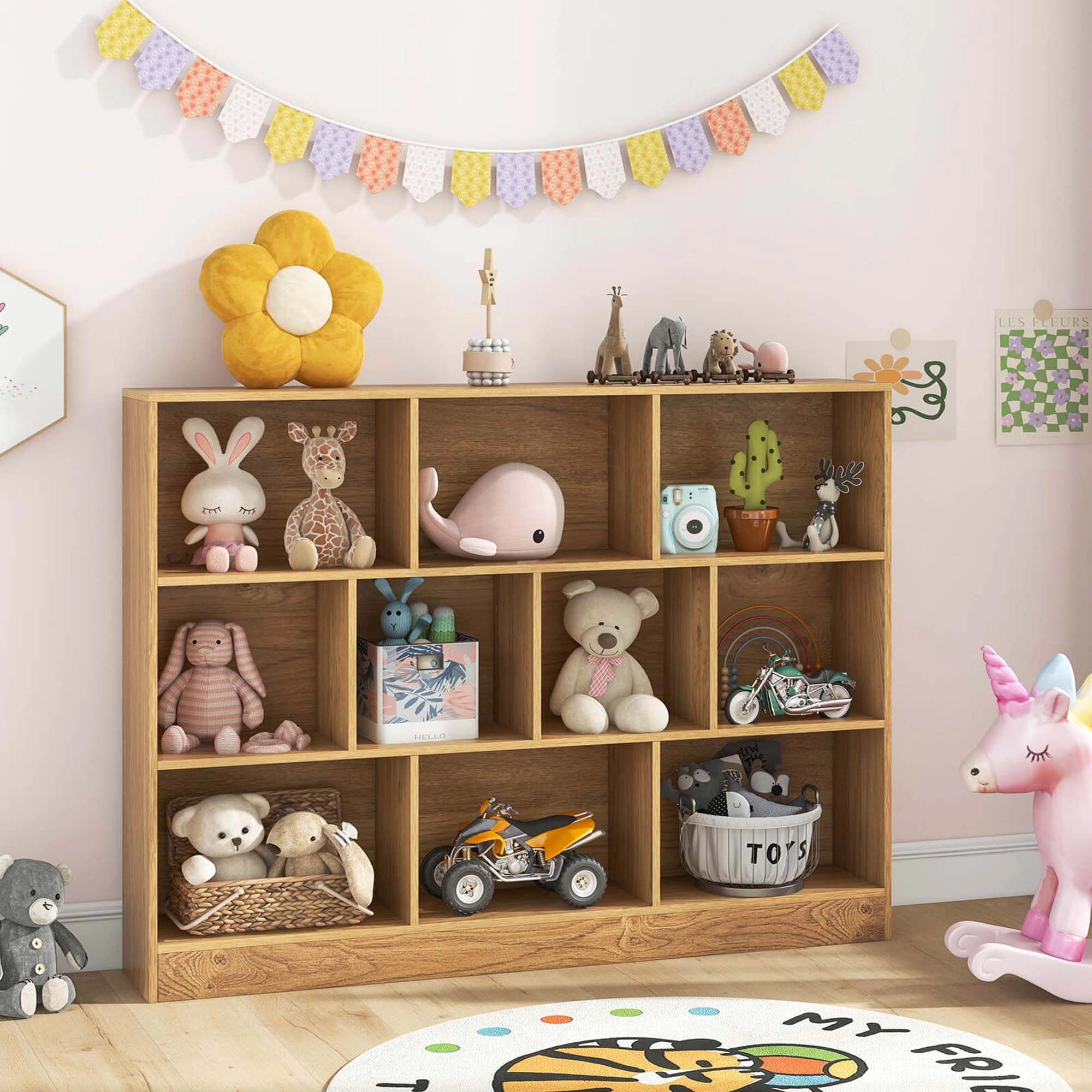 Costway 10-Cube Bookcase 41" Wooden Toy Storage Organizer for Kids Bookshelf Natural